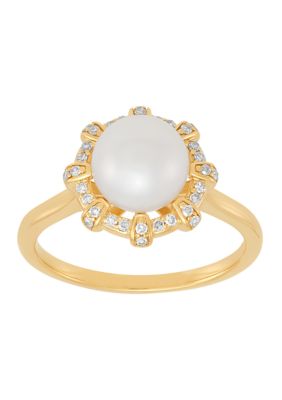 Belk & Co 1/8 ct. t.w. Diamond and Pearl Ring in 10K Yellow Gold