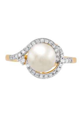 Belk & Co 1/4 ct. t.w. Lab Grown Diamond and 8-8.5 Millimeter Button Pearl Ring in 10K Yellow Gold