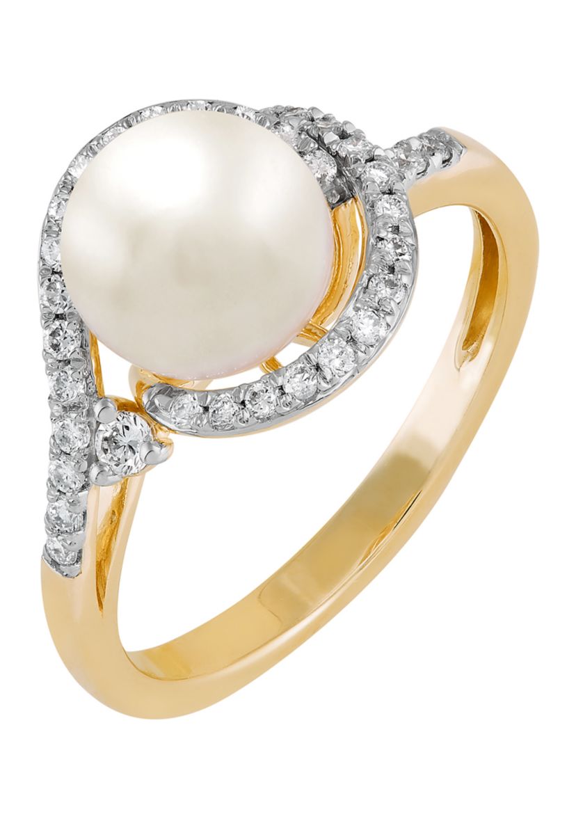 1/4 ct. t.w. Lab Grown Diamond and 8-8.5 Millimeter Button Pearl Ring in 10K Yellow Gold