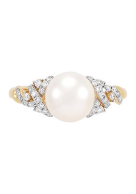 Belk & Co 1/4 ct. t.w. Lab Grown Diamond and Round Pearl Ring in 10K Yellow Gold