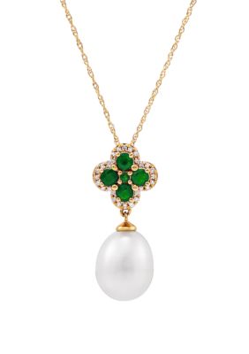 Belk & Co 9 ct. Pearl with 0.5 ct. t.w. Emerald and 1/10 ct. t.w. Diamond Pendant Necklace in 10K Yellow Gold
