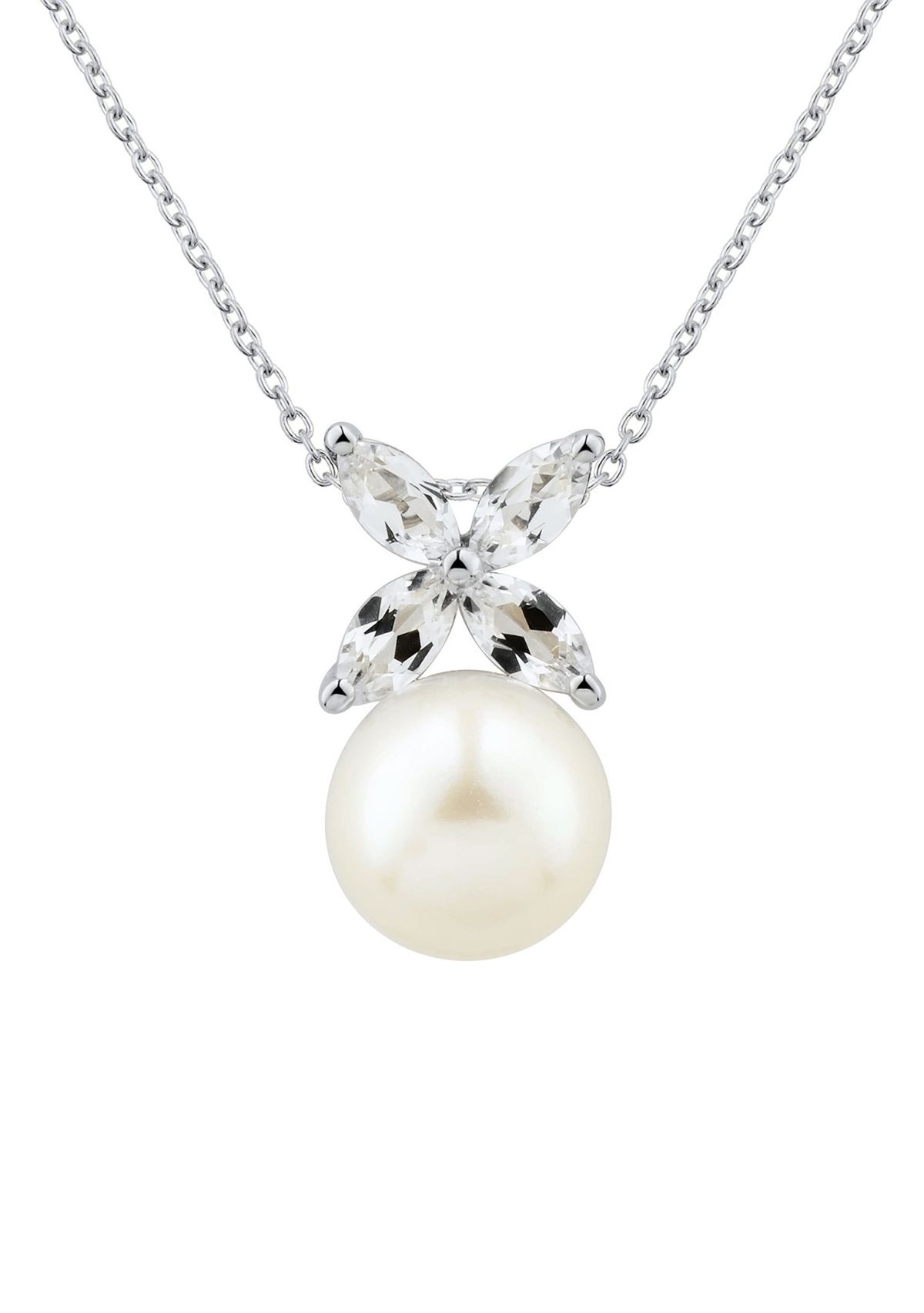 Pearl and Lab Created White Sapphire Necklace with 18" Cable Chain in Sterling Silver