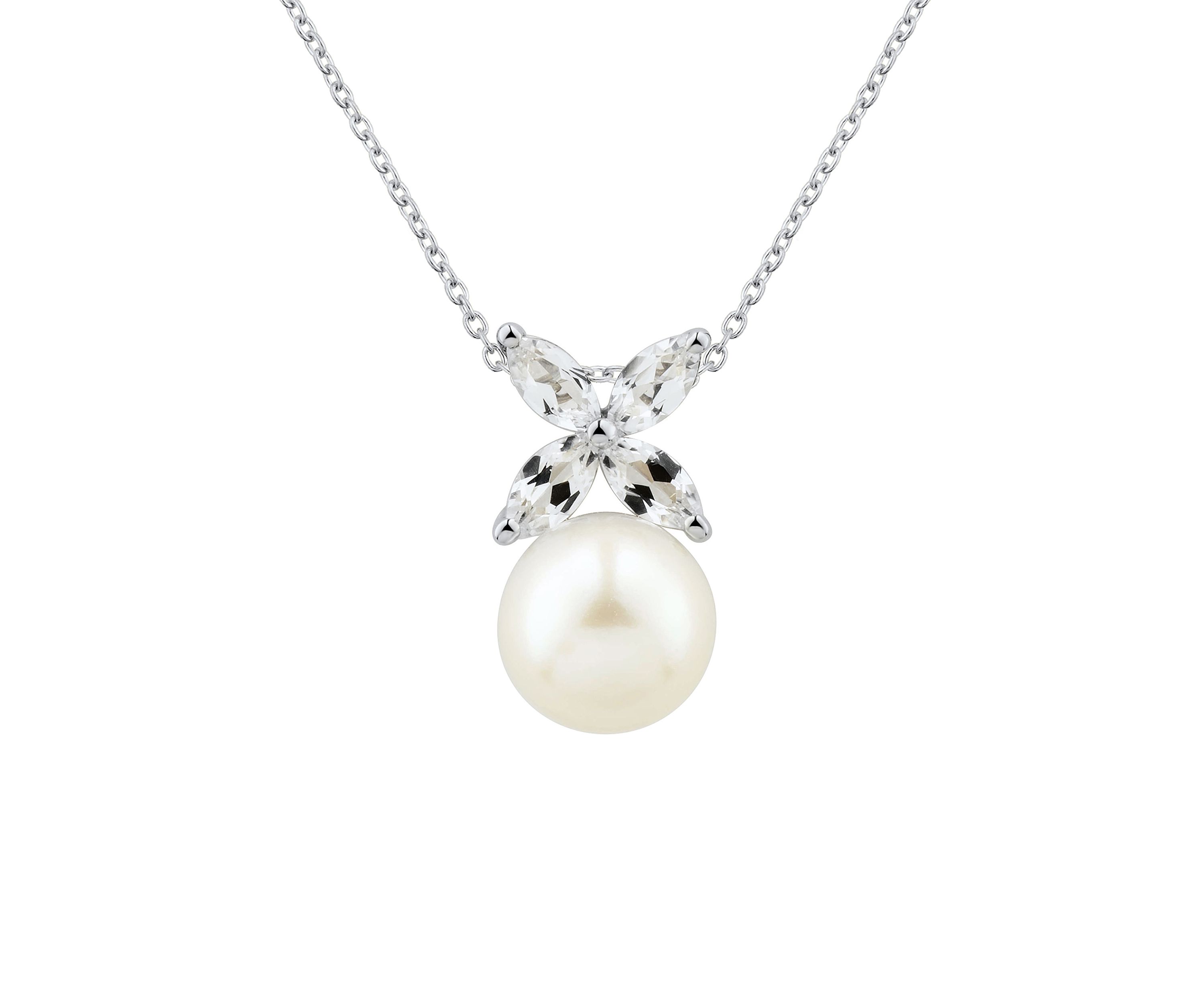 Pearl and Lab Created White Sapphire Necklace with 18" Cable Chain in Sterling Silver