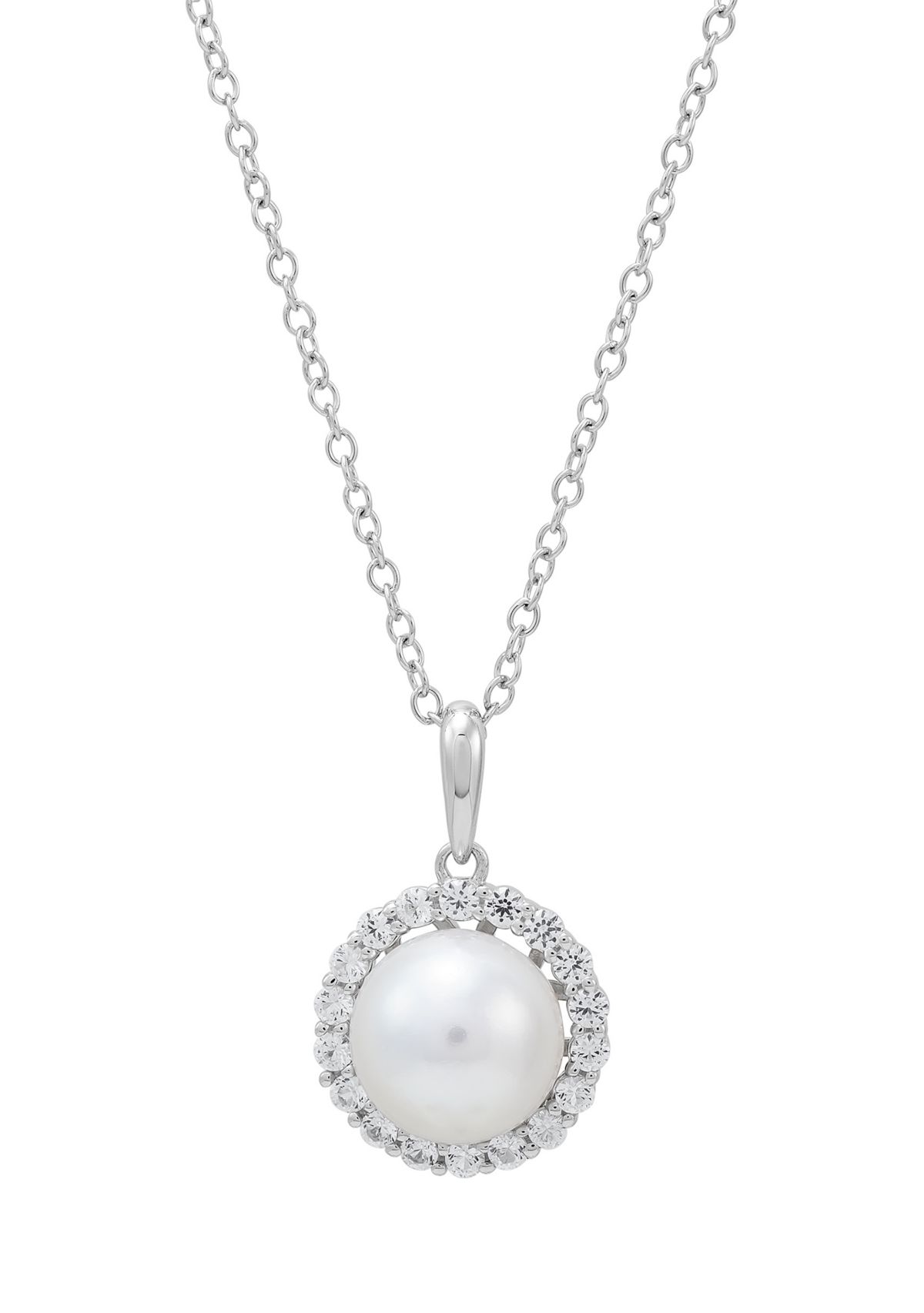 Lab Created 8-8.5 Millimeter Round Freshwater Pearl and Created White Sapphire Pendant Necklace with 18" Cable Chain in Sterling Silver