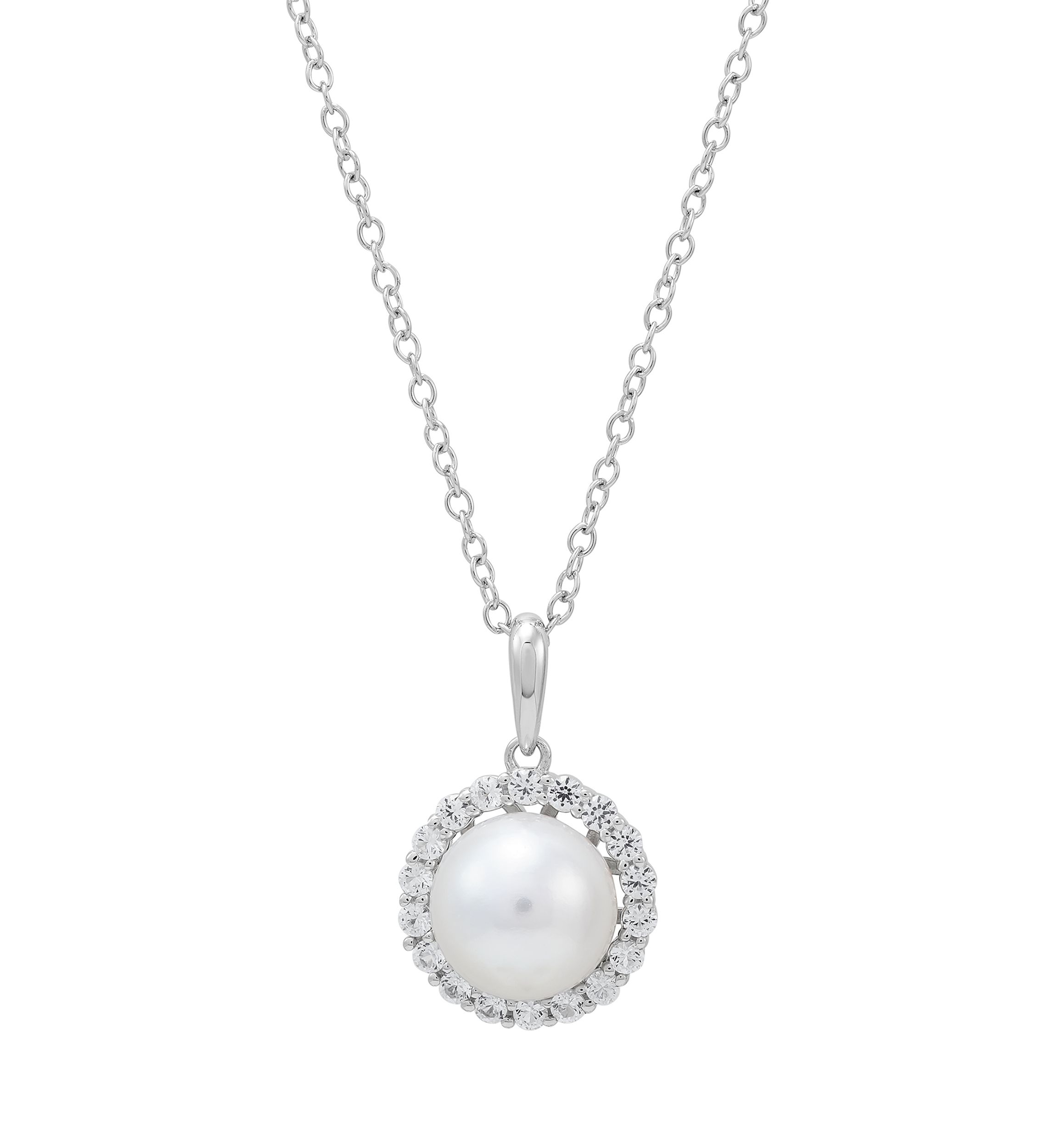 Lab Created 8-8.5 Millimeter Round Freshwater Pearl and Created White Sapphire Pendant Necklace with 18" Cable Chain in Sterling Silver