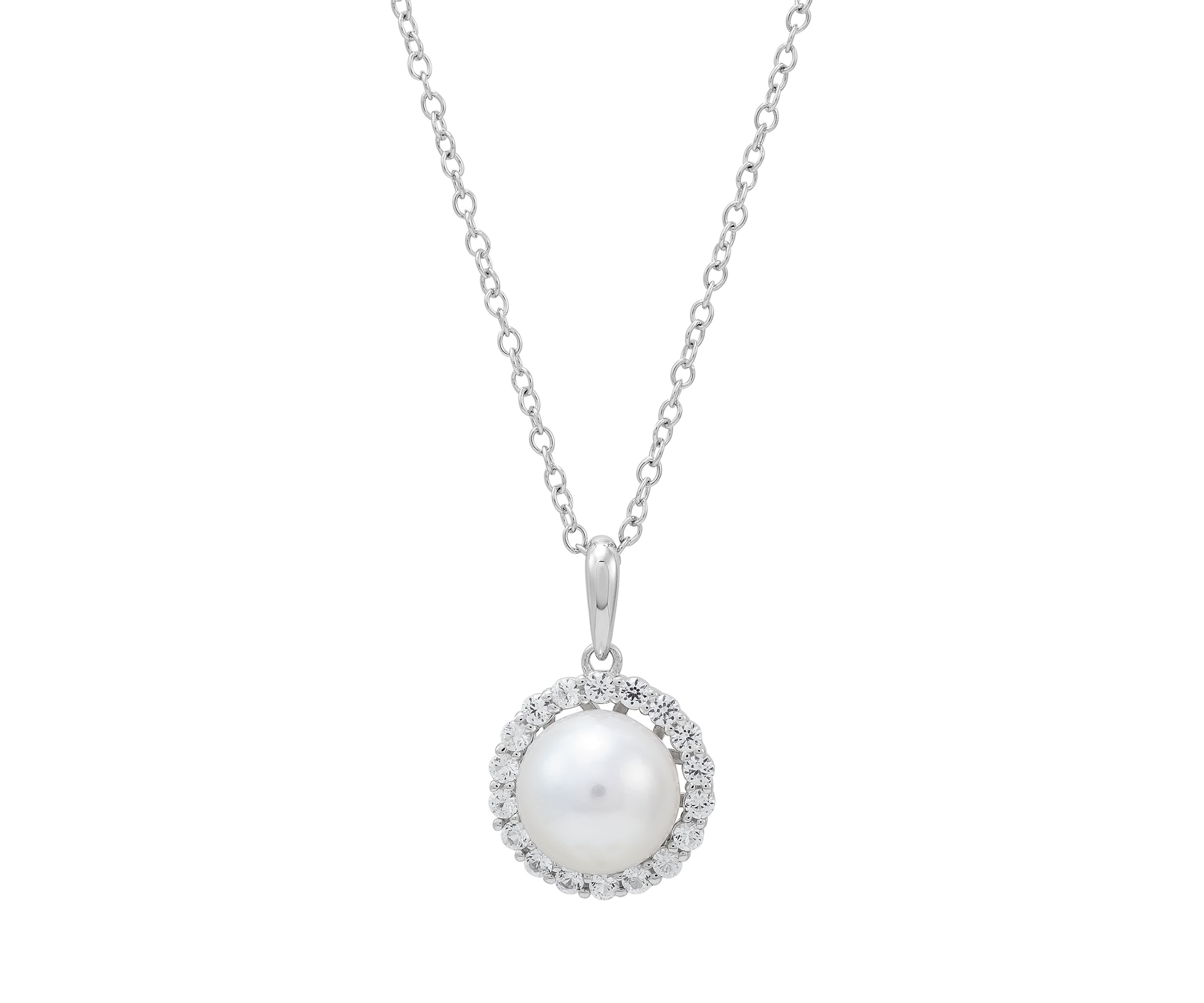 Lab Created 8-8.5 Millimeter Round Freshwater Pearl and Created White Sapphire Pendant Necklace with 18" Cable Chain in Sterling Silver