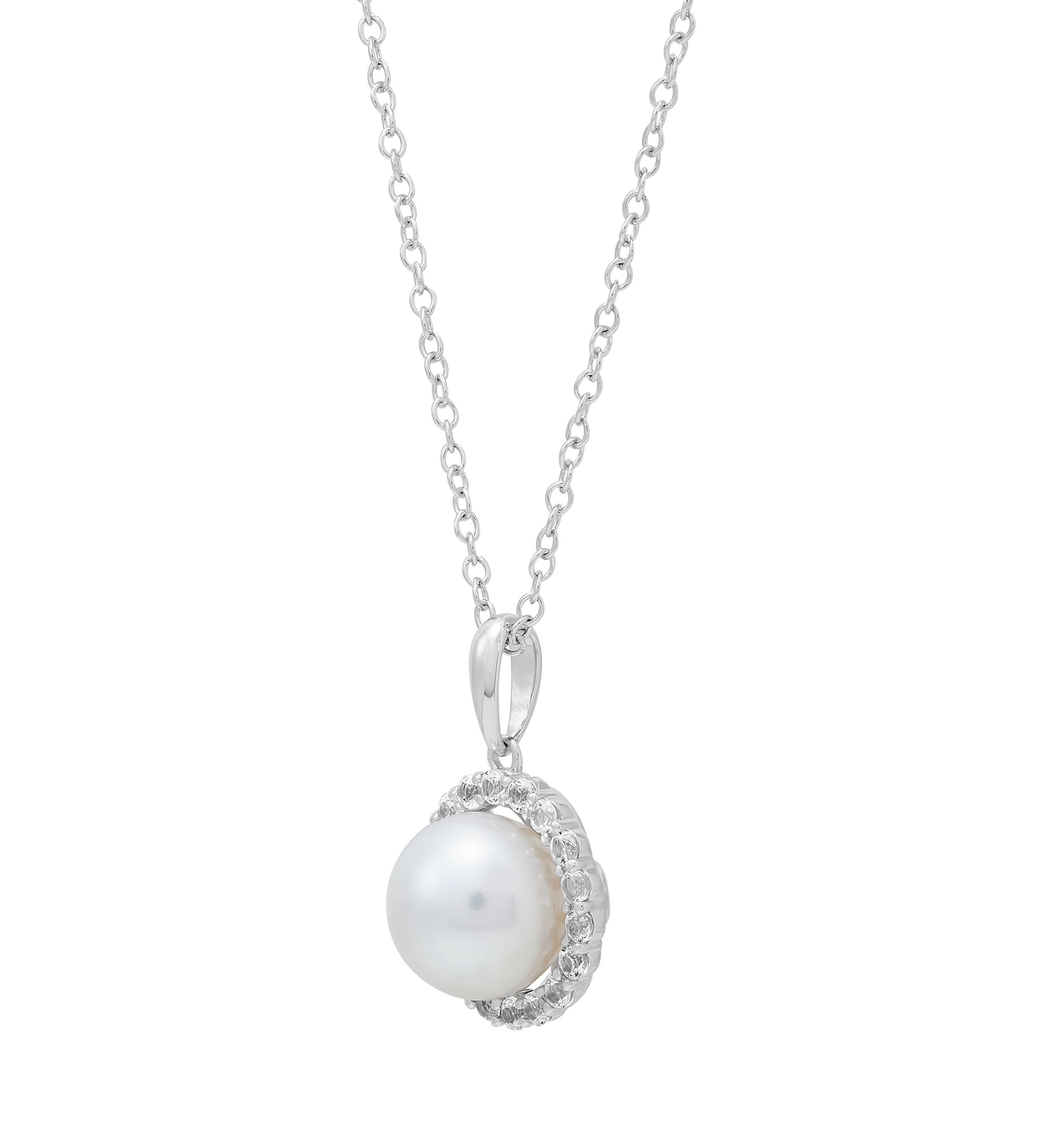 Lab Created 8-8.5 Millimeter Round Freshwater Pearl and Created White Sapphire Pendant Necklace with 18" Cable Chain in Sterling Silver