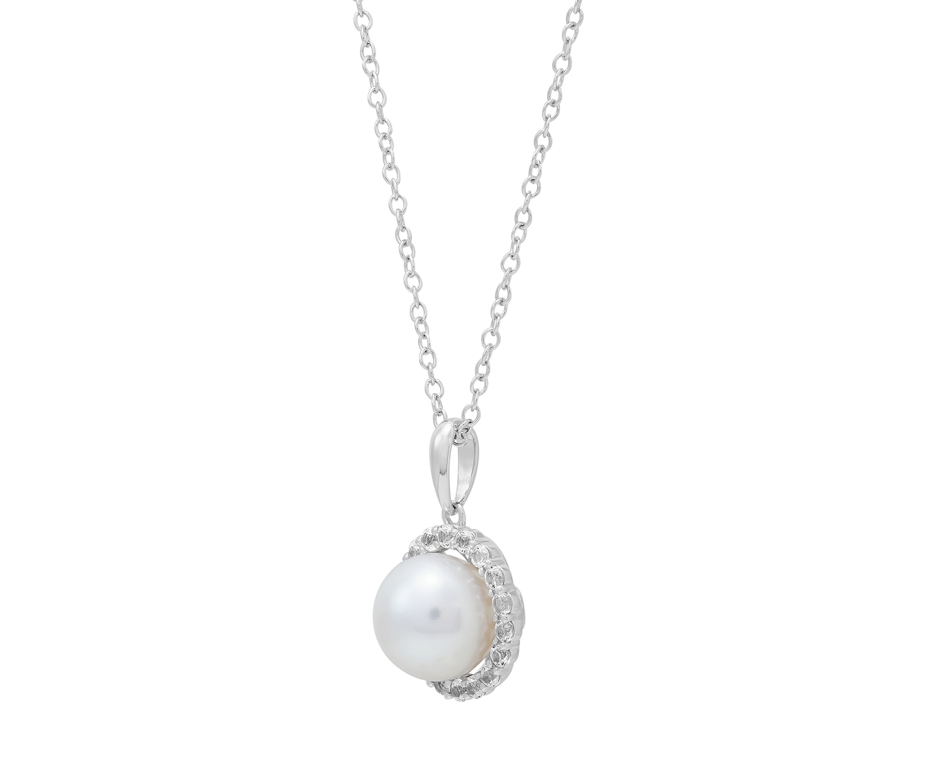 Lab Created 8-8.5 Millimeter Round Freshwater Pearl and Created White Sapphire Pendant Necklace with 18" Cable Chain in Sterling Silver