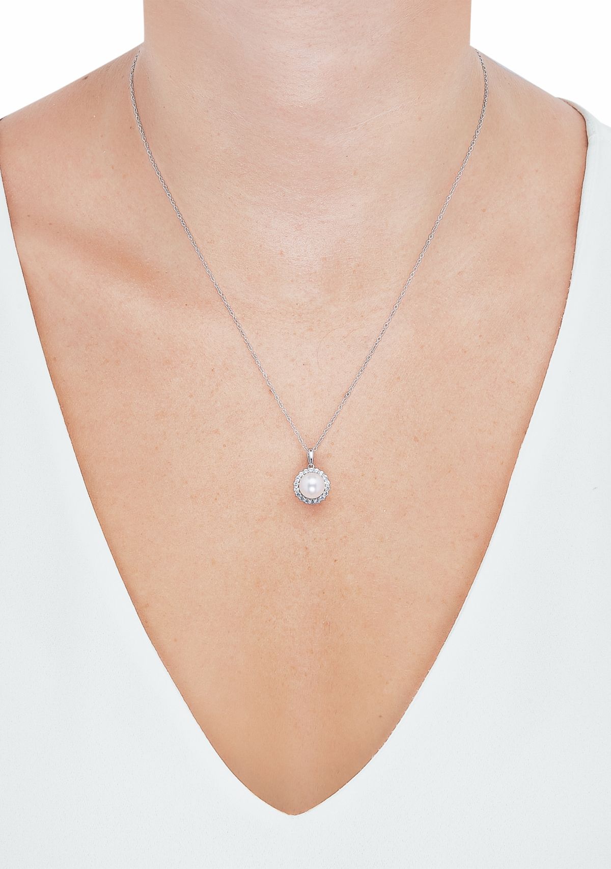Lab Created 8-8.5 Millimeter Round Freshwater Pearl and Created White Sapphire Pendant Necklace with 18" Cable Chain in Sterling Silver