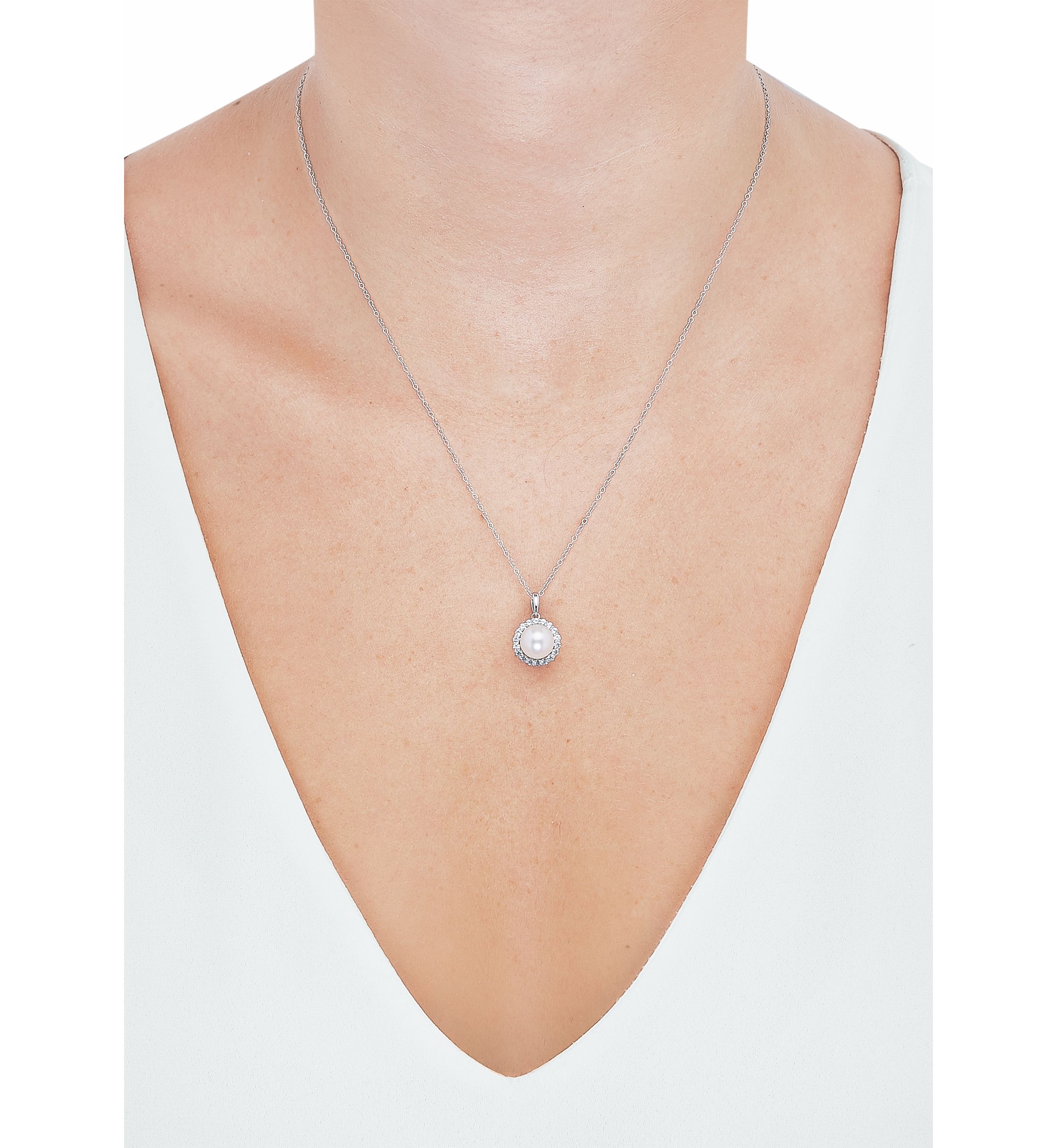 Lab Created 8-8.5 Millimeter Round Freshwater Pearl and Created White Sapphire Pendant Necklace with 18" Cable Chain in Sterling Silver
