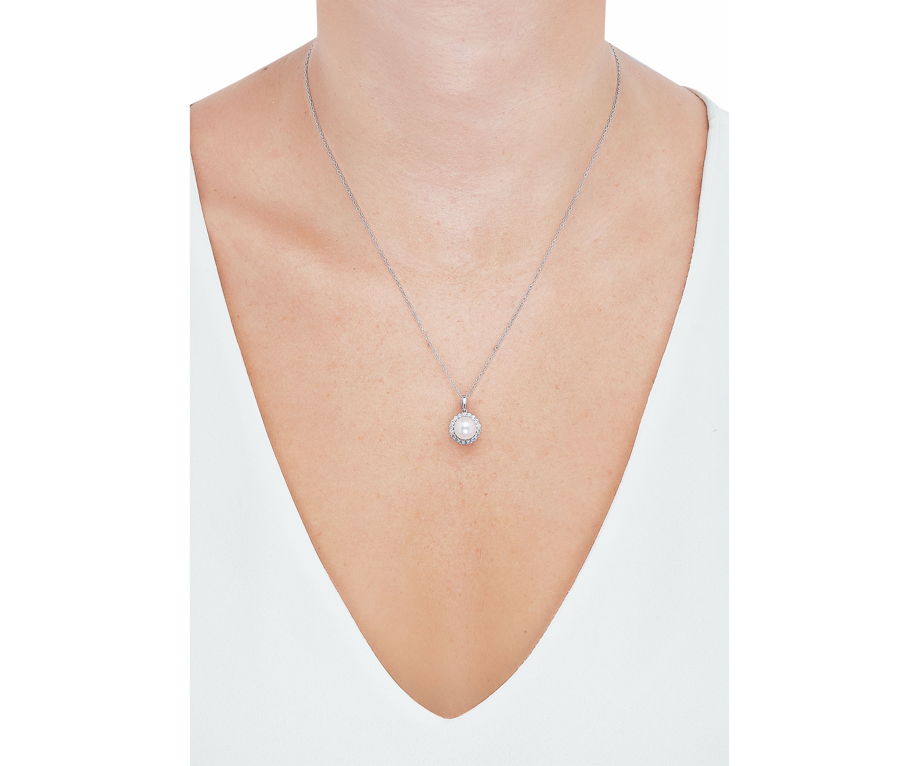 Lab Created 8-8.5 Millimeter Round Freshwater Pearl and Created White Sapphire Pendant Necklace with 18" Cable Chain in Sterling Silver
