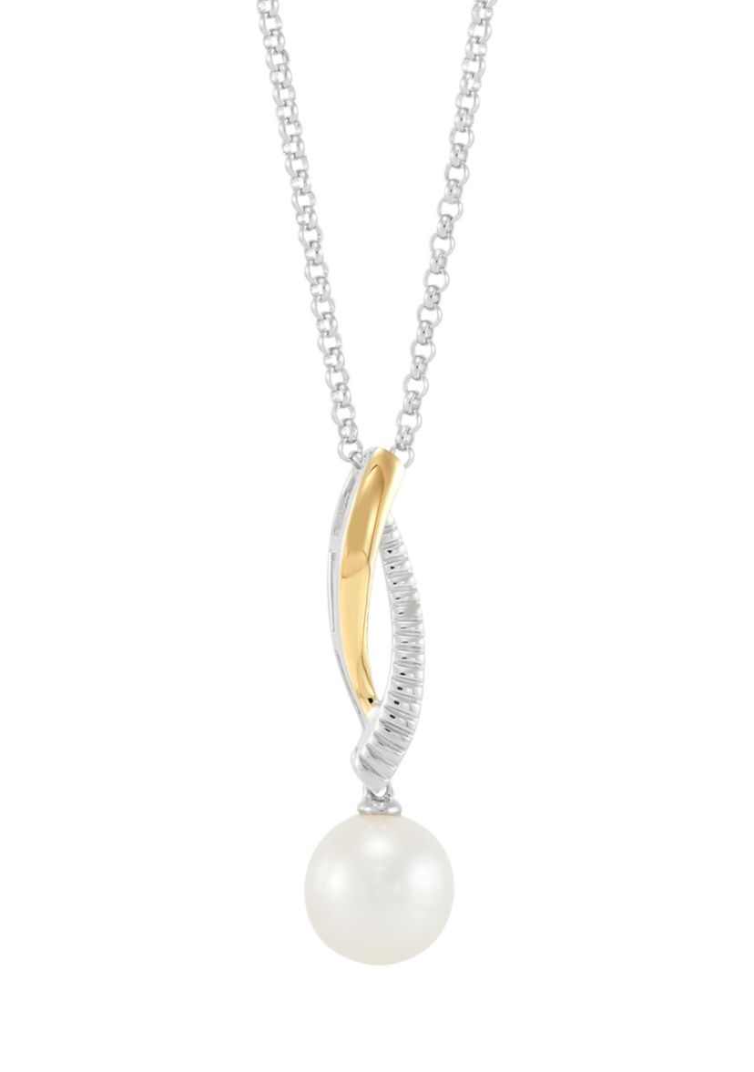 Freshwater Pearl Pendant Necklace with 18 Rolo Chain in Sterling Silver & 10K Yellow Gold