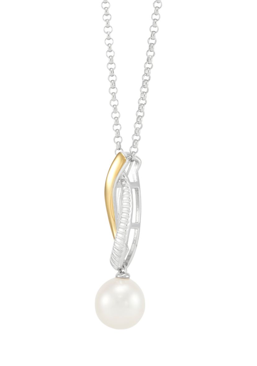 Freshwater Pearl Pendant Necklace with 18 Rolo Chain in Sterling Silver & 10K Yellow Gold