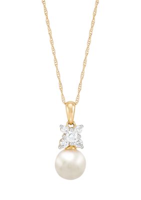 Belk & Co Pearl and 1/4 ct. t.w. Lab Grown Diamond Pendant with 18" Rope Chain in 10K Yellow Gold