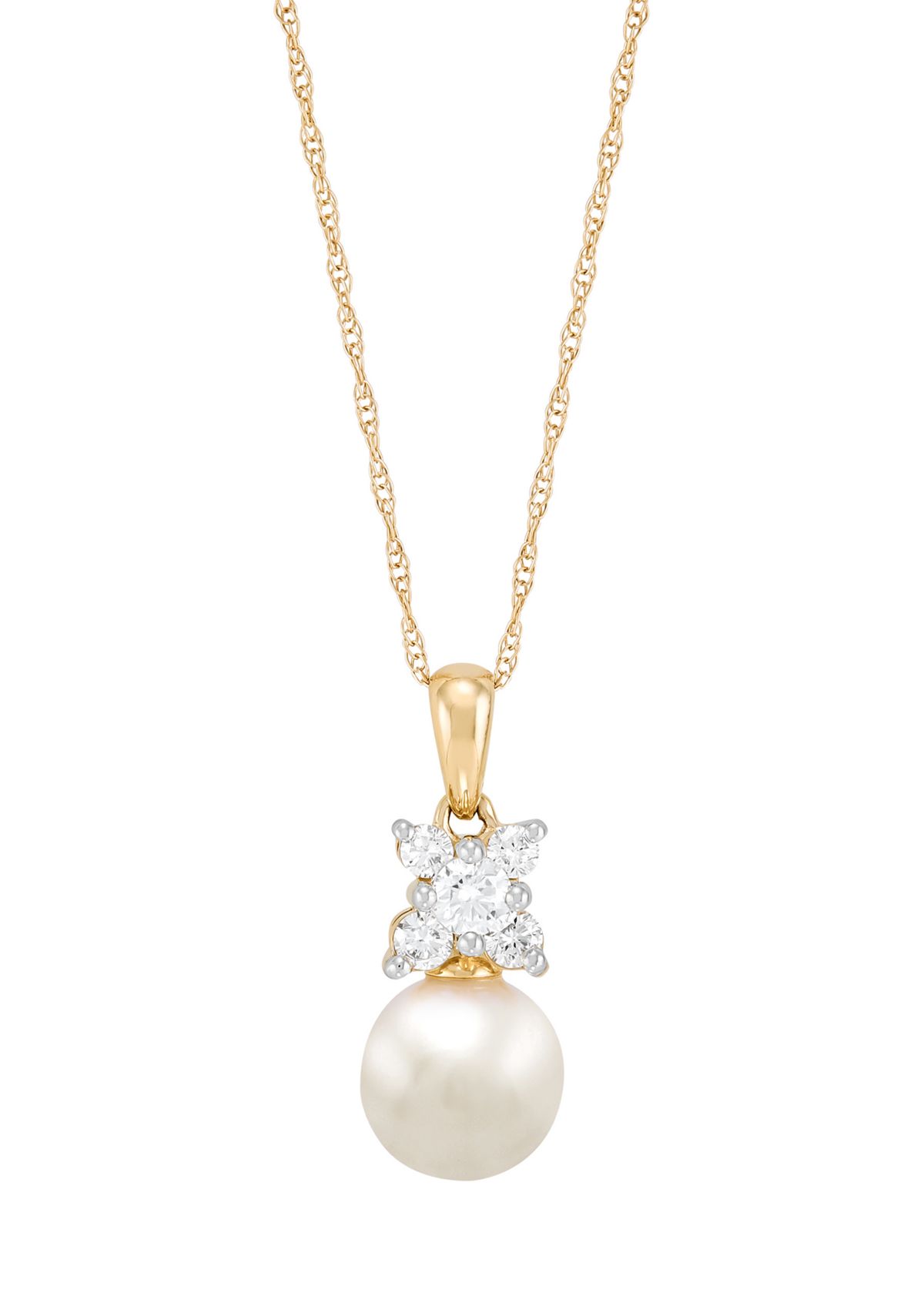 Pearl and 1/4 ct. t.w. Lab Grown Diamond Pendant with 18" Rope Chain in 10K Yellow Gold