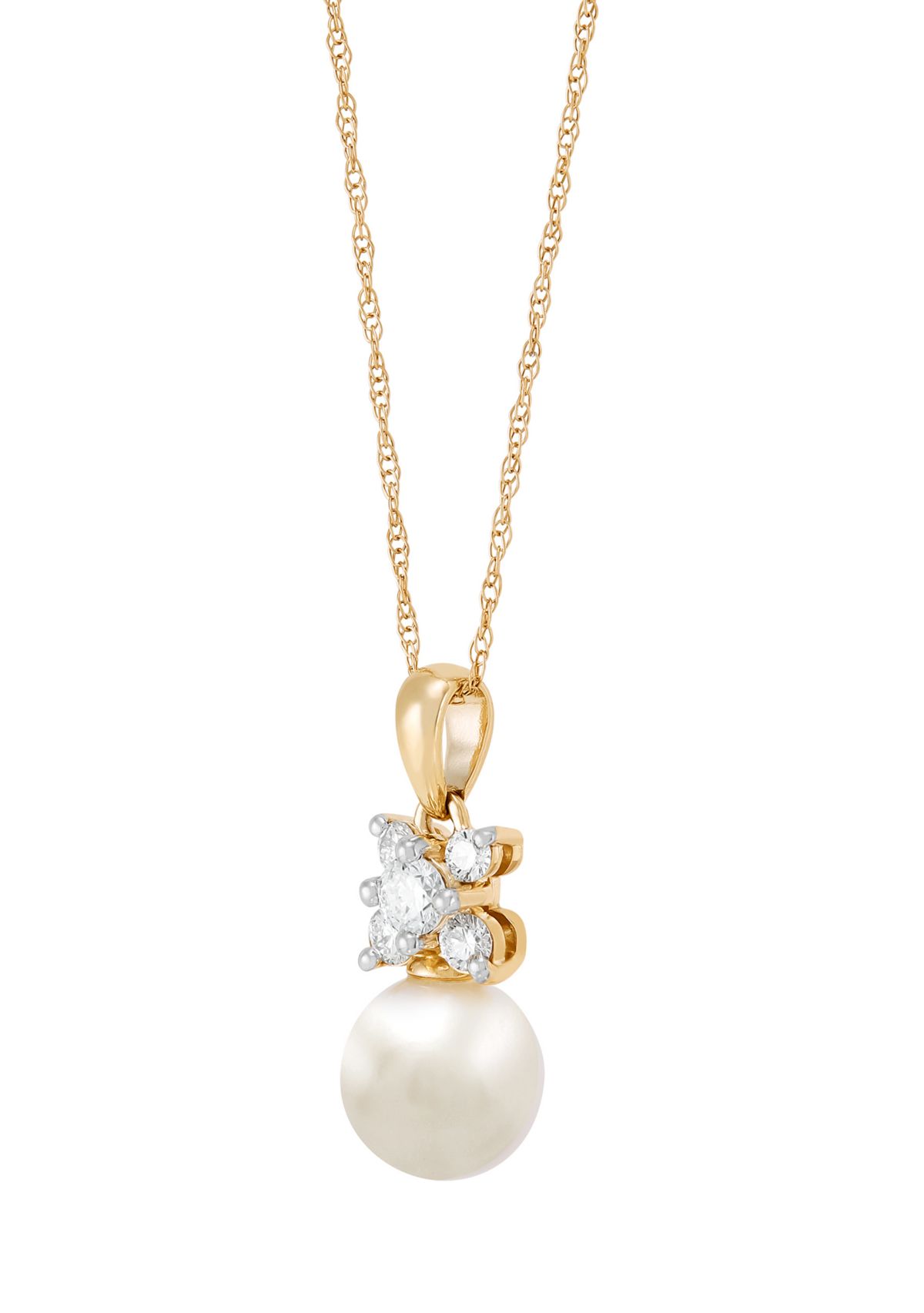 Pearl and 1/4 ct. t.w. Lab Grown Diamond Pendant with 18" Rope Chain in 10K Yellow Gold