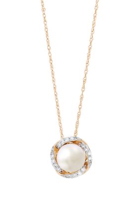 Belk & Co Pearl and 1/10 ct. t.w. Lab Grown Diamond Pendant with 18" Rope Chain in 10K Yellow Gold