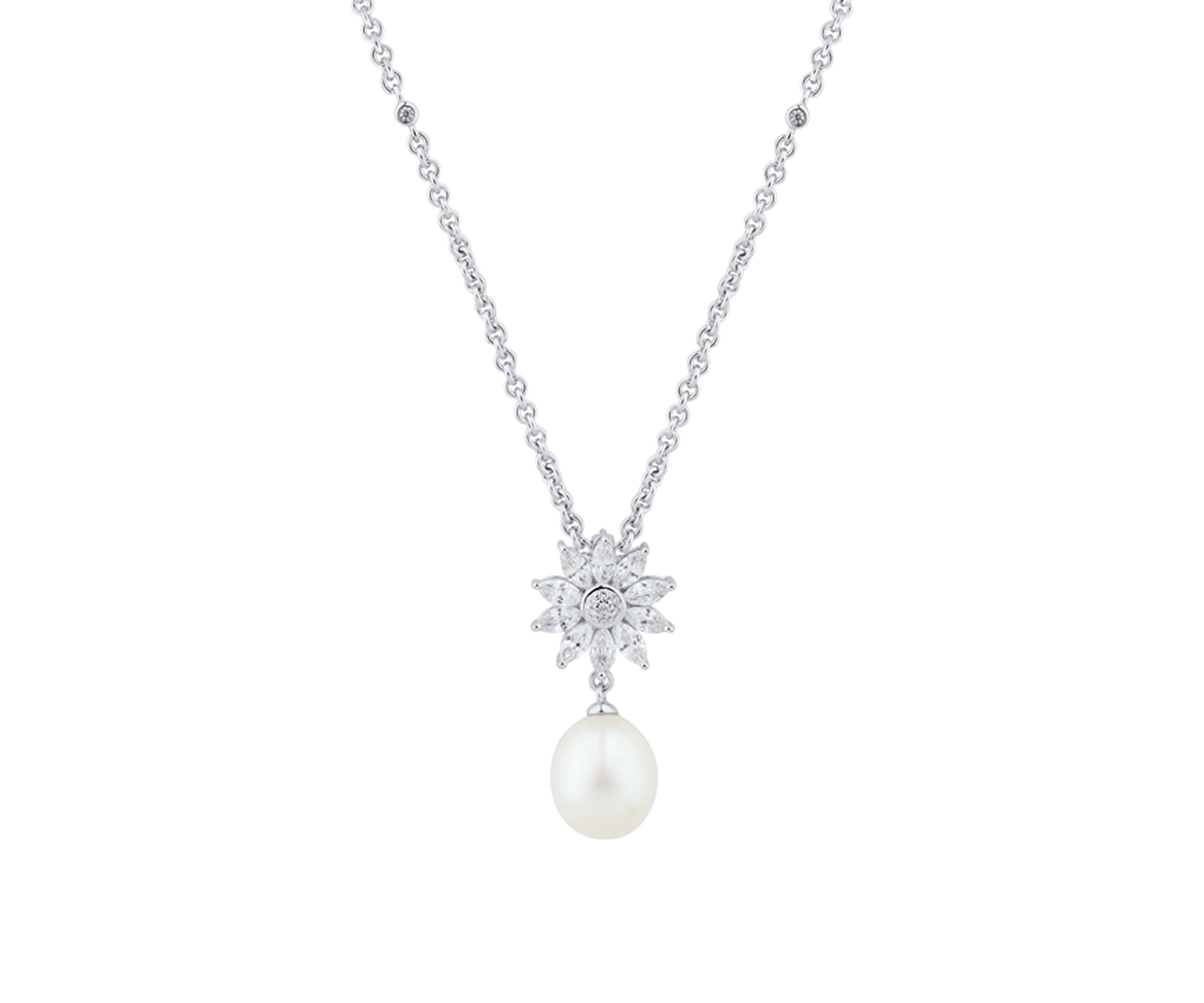 8-8.5 Millimeter Pearl and Lab Created White Sapphire Flower Necklace in Sterling Silver