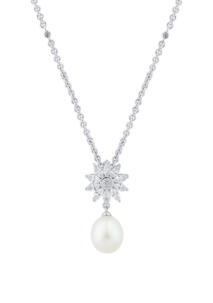8-8.5 Millimeter Pearl and Lab Created White Sapphire Flower Necklace in Sterling Silver