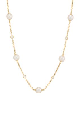 Belk & Co Pearl and 1/5 ct. t.w. Lab Grown Diamond Station Necklace in 10K Yellow Gold