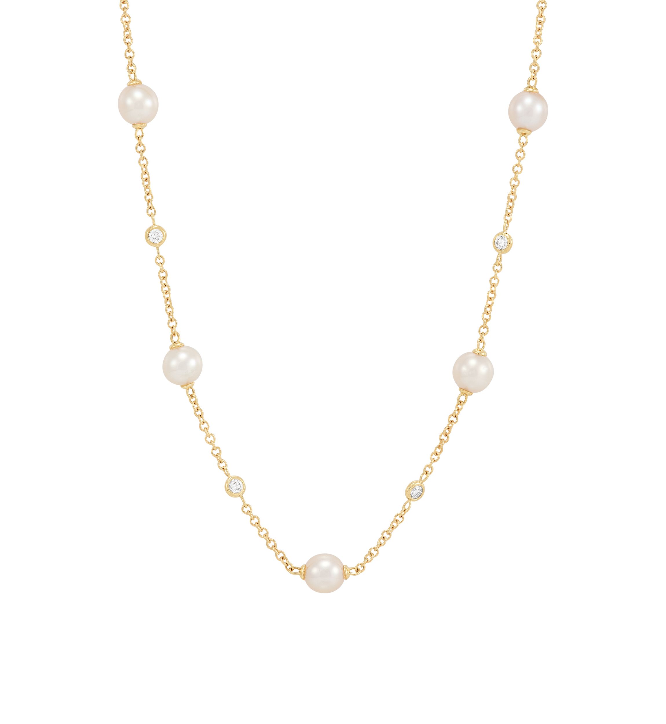 Pearl and 1/5 ct. t.w. Lab Grown Diamond Station Necklace in 10K Yellow Gold