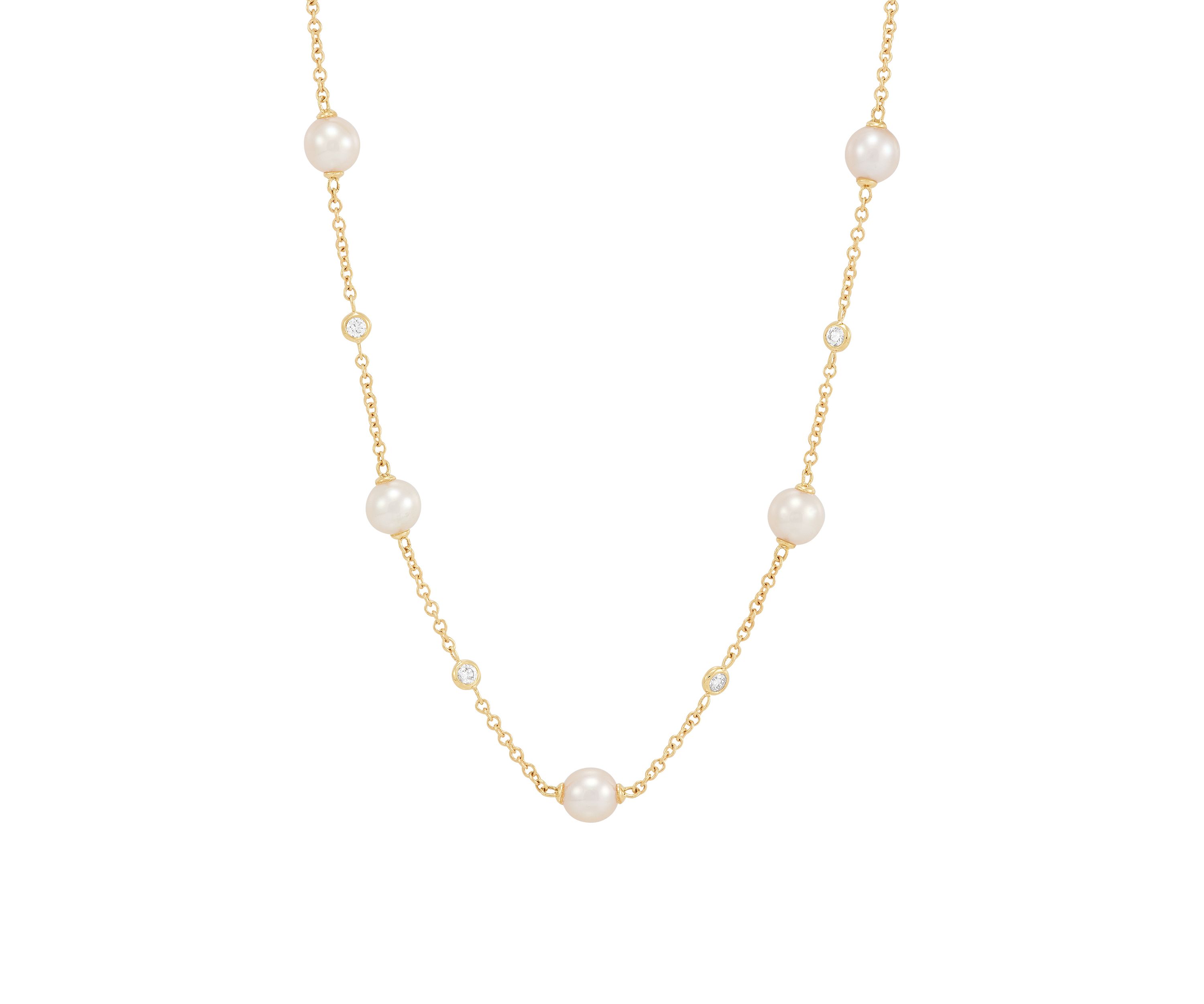 Pearl and 1/5 ct. t.w. Lab Grown Diamond Station Necklace in 10K Yellow Gold