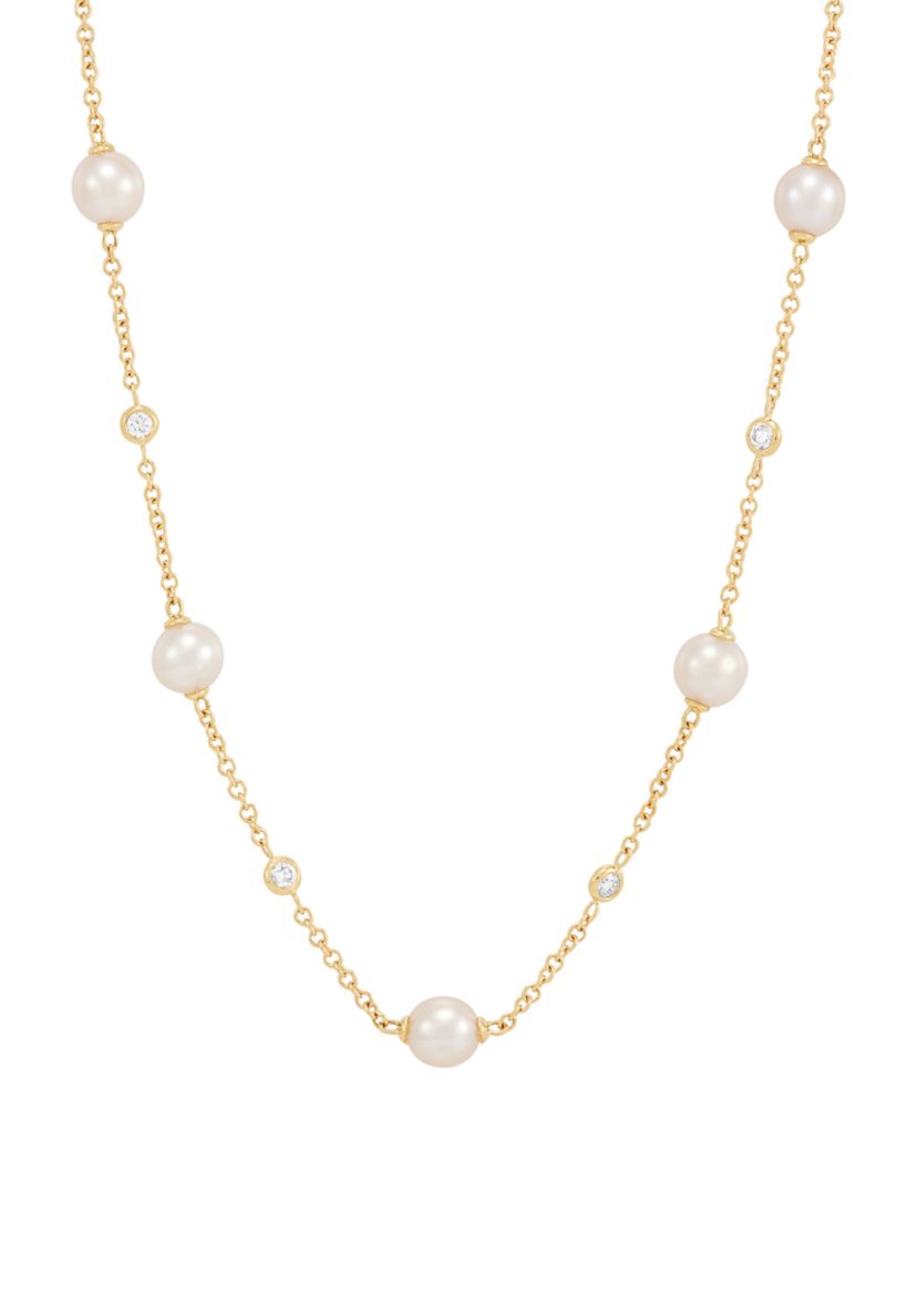 Pearl and 1/5 ct. t.w. Lab Grown Diamond Station Necklace in 10K Yellow Gold