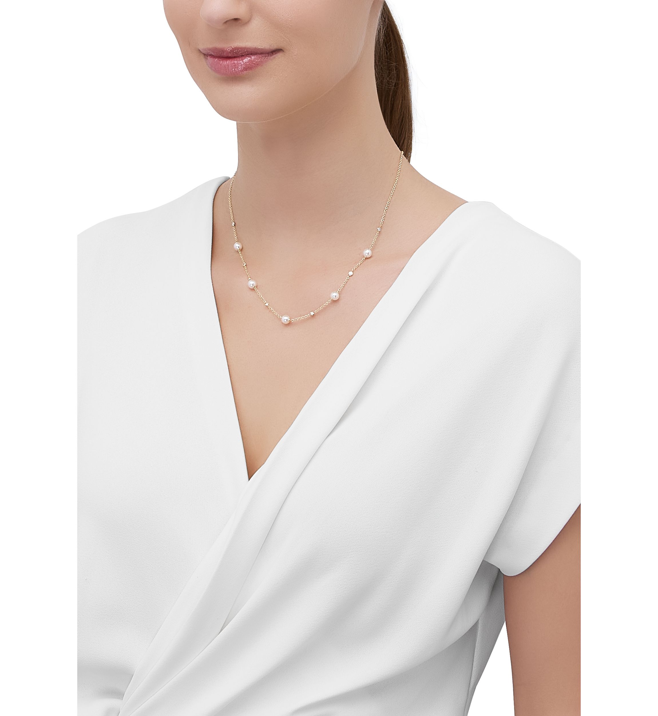 Pearl and 1/5 ct. t.w. Lab Grown Diamond Station Necklace in 10K Yellow Gold