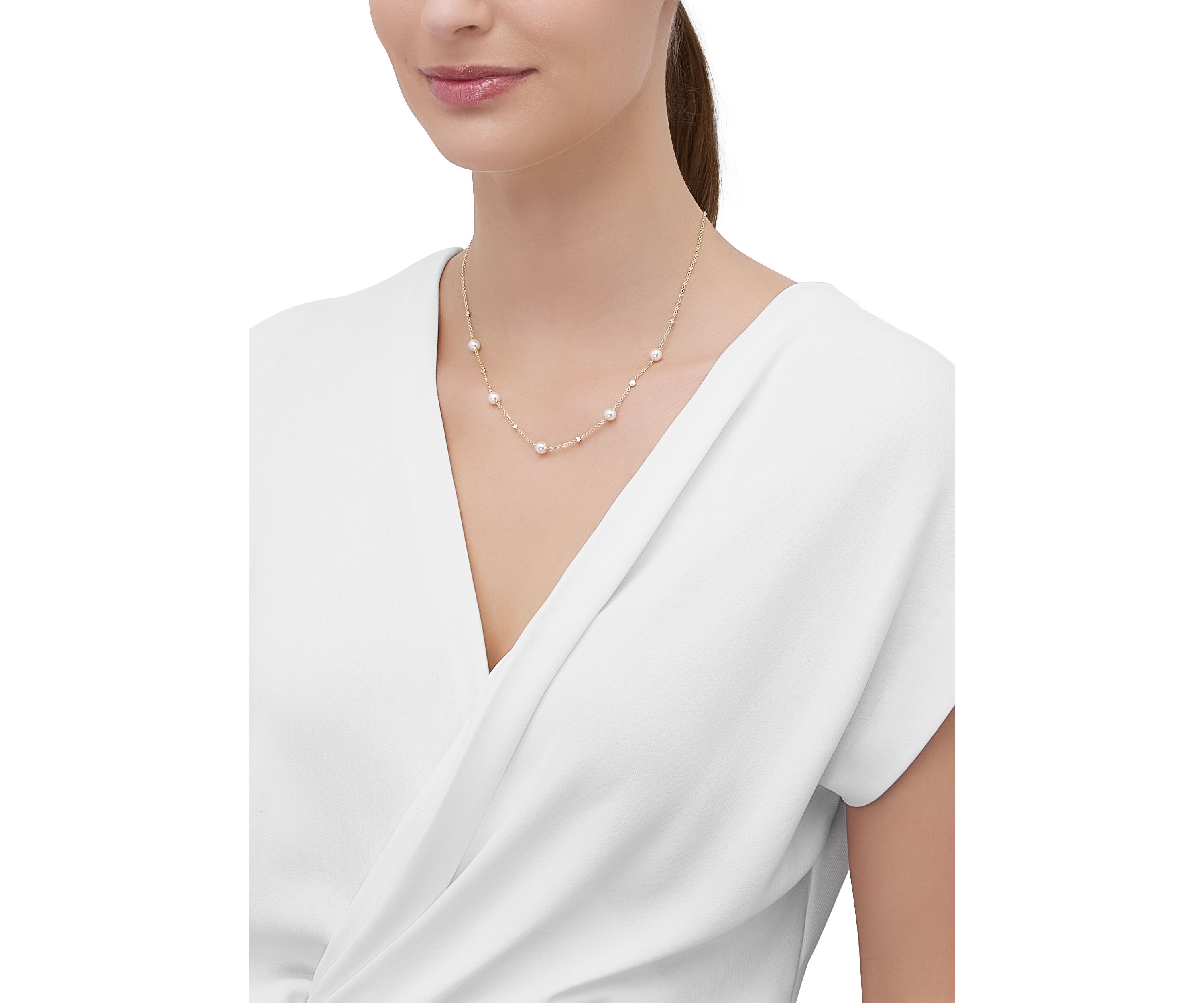 Pearl and 1/5 ct. t.w. Lab Grown Diamond Station Necklace in 10K Yellow Gold