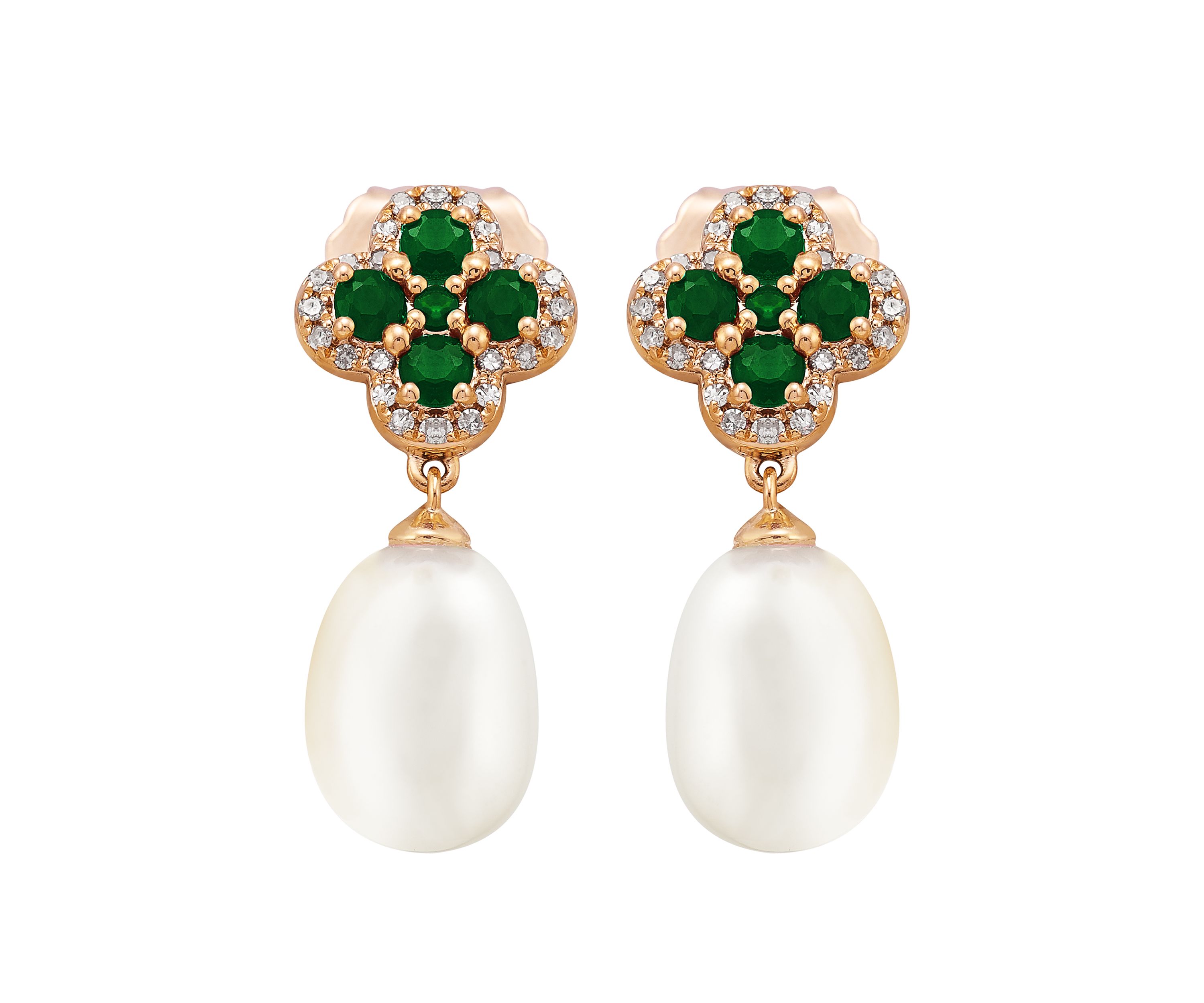 10 ct. White Pearl with 0.64 ct. t.w. Emeralds and 1/6 ct. t.w. Diamonds Earrings in 10K Yellow Gold