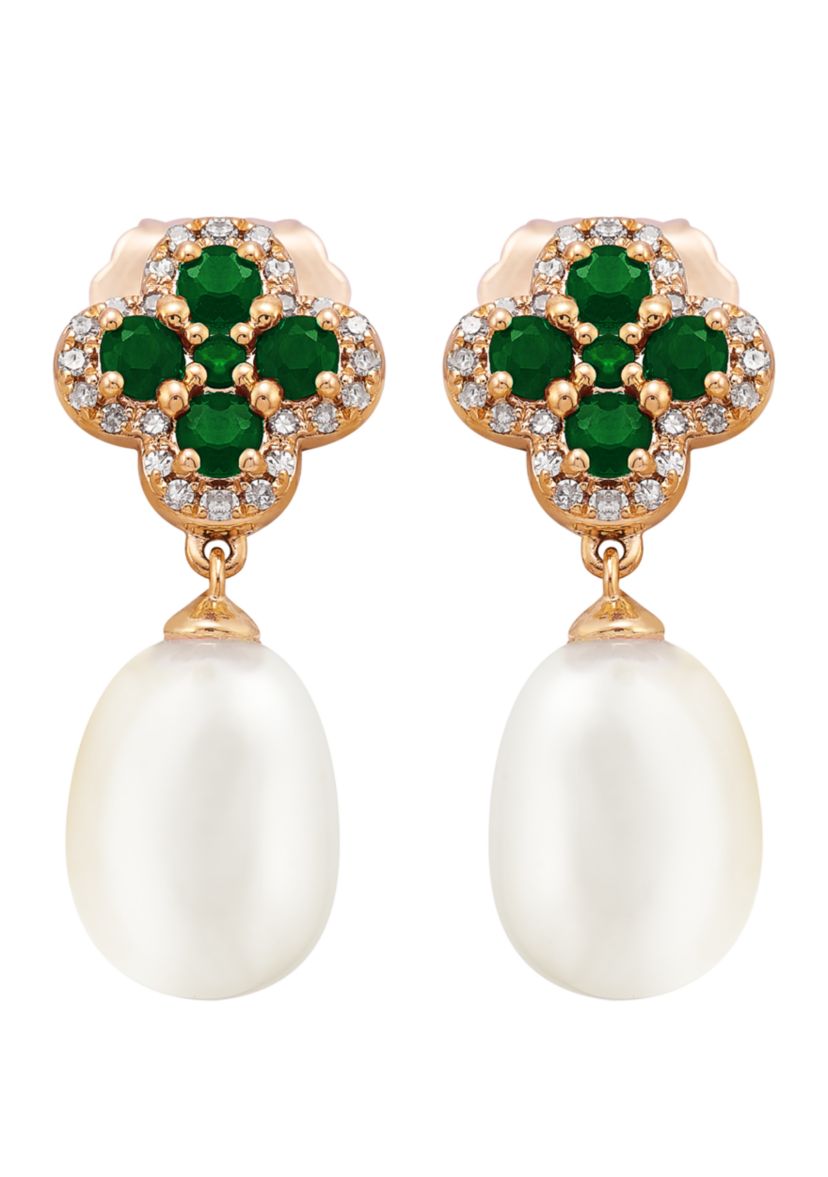 10 ct. White Pearl with 0.64 ct. t.w. Emeralds and 1/6 ct. t.w. Diamonds Earrings in 10K Yellow Gold