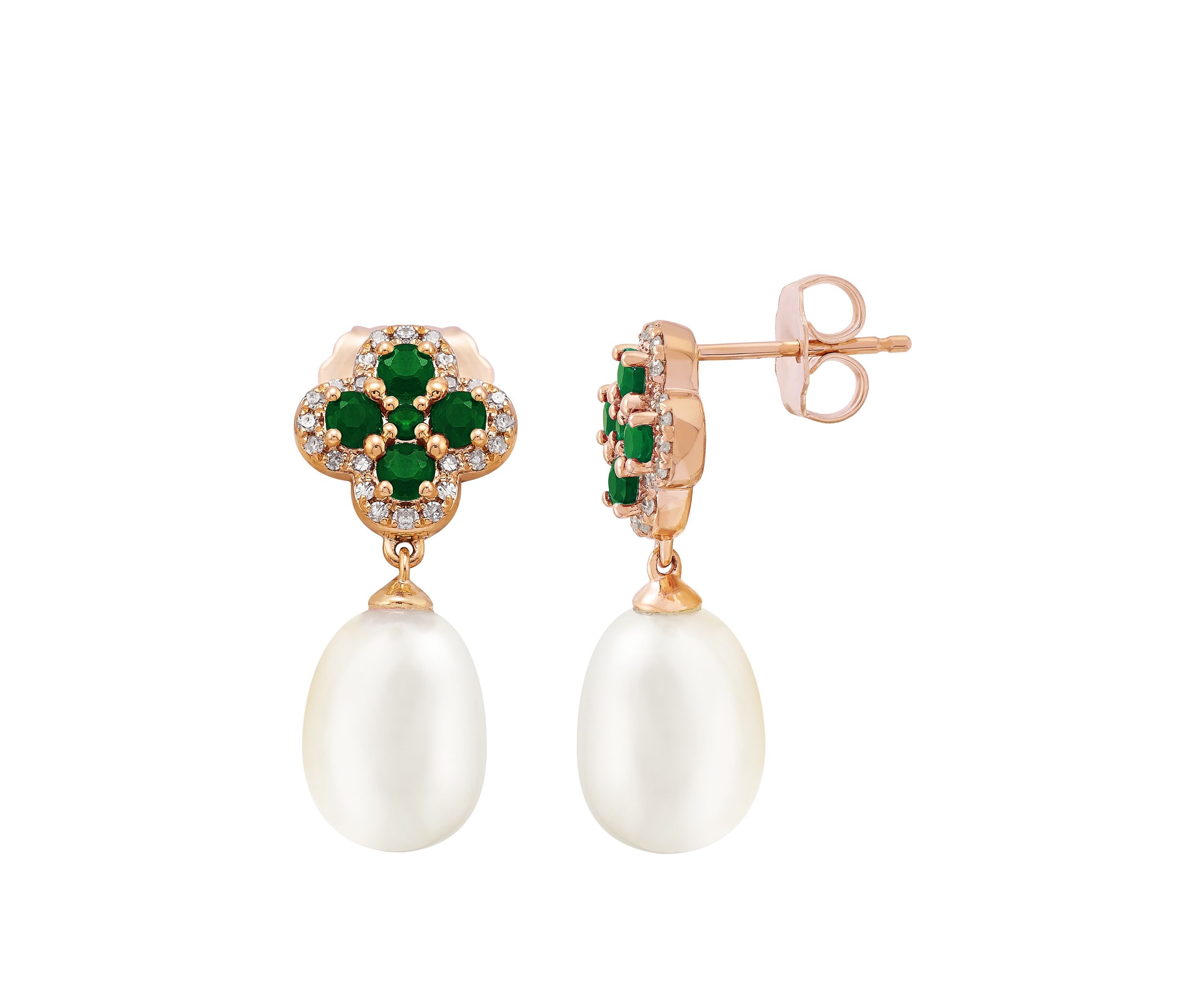 10 ct. White Pearl with 0.64 ct. t.w. Emeralds and 1/6 ct. t.w. Diamonds Earrings in 10K Yellow Gold