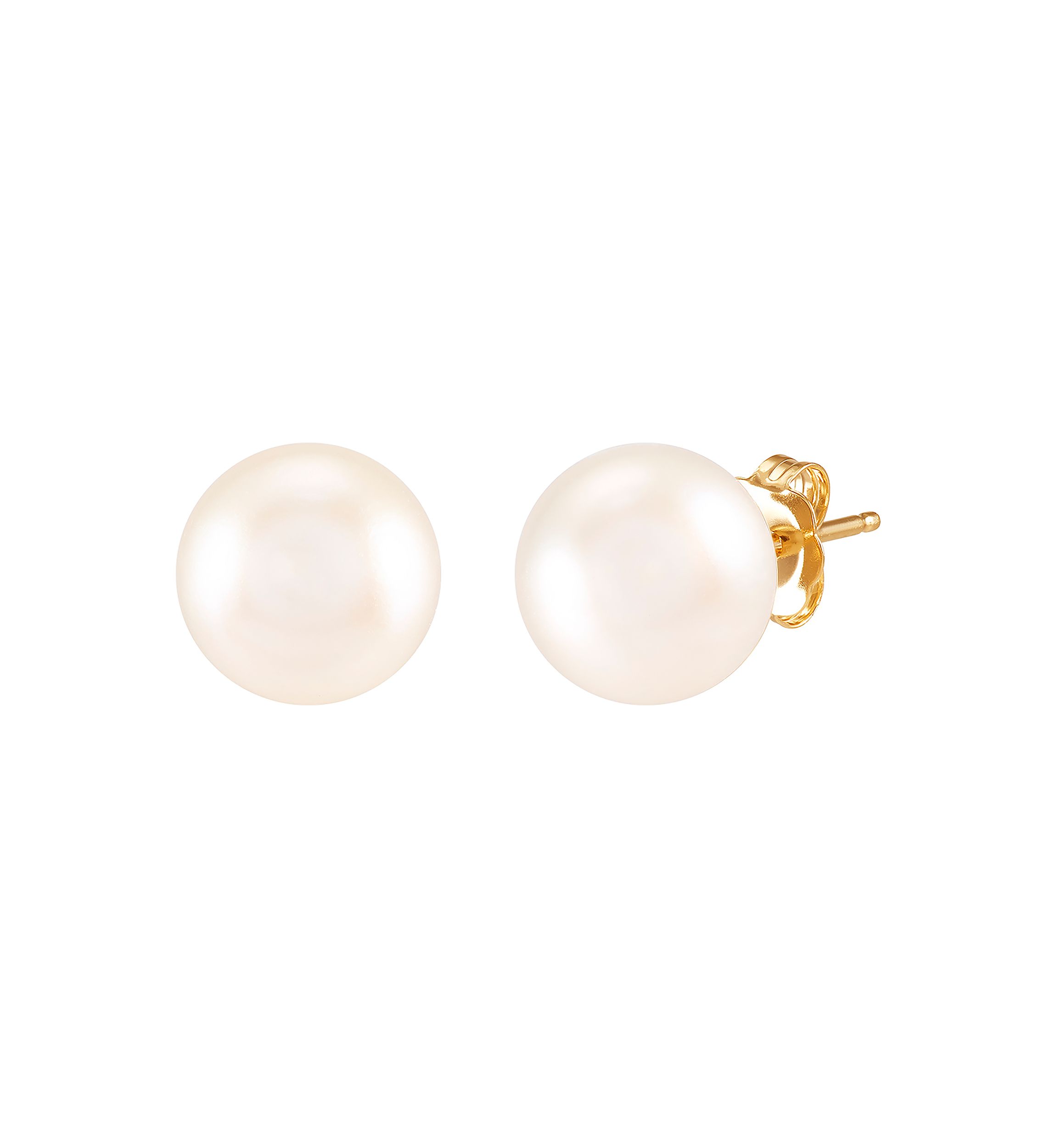 8-8.5 Millimeter White Round Pearl Stud Earrings in 14K Yellow Gold