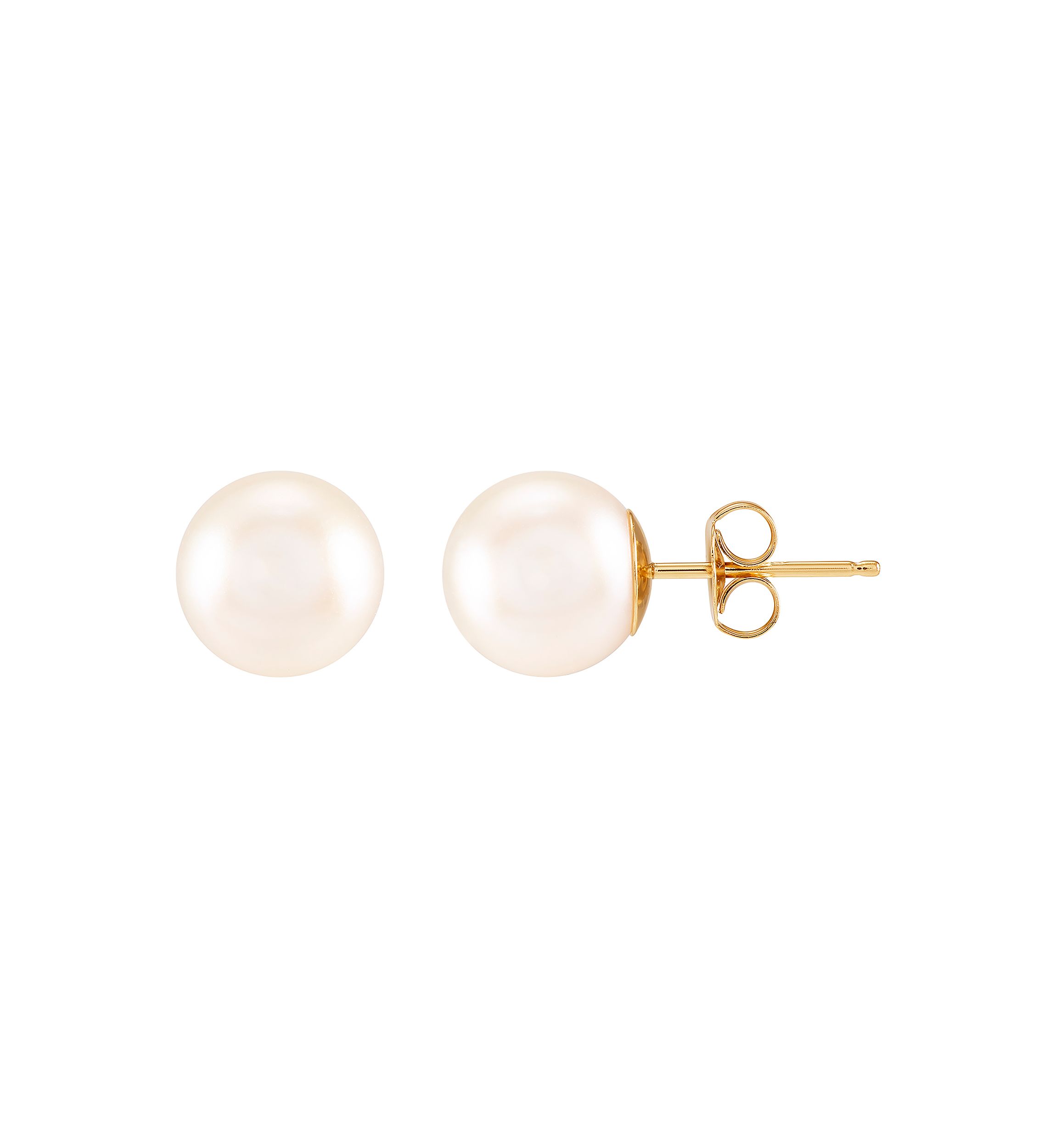 8-8.5 Millimeter White Round Pearl Stud Earrings in 14K Yellow Gold