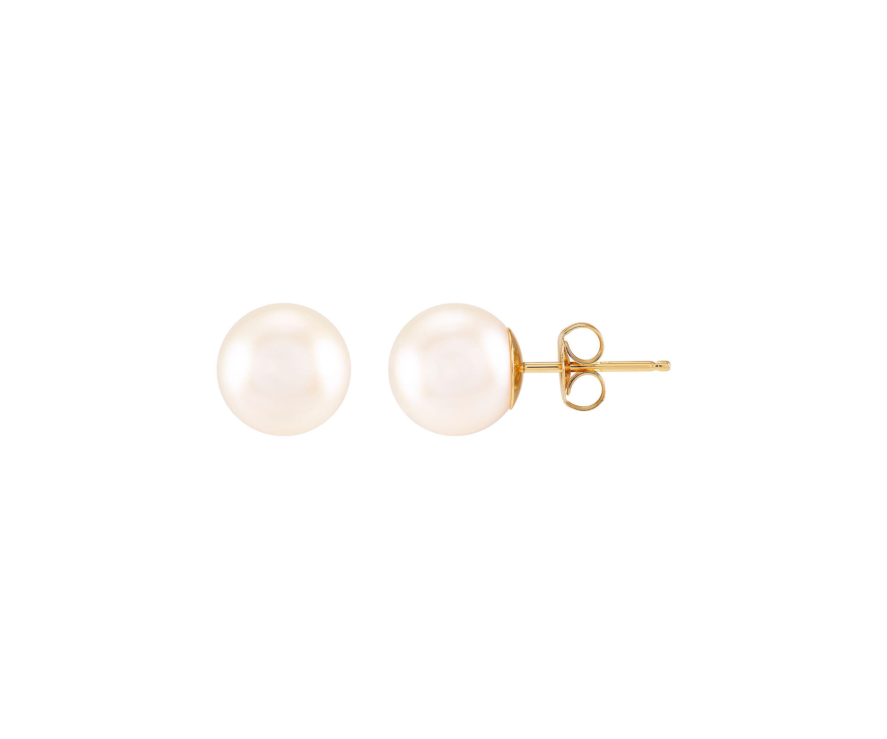 8-8.5 Millimeter White Round Pearl Stud Earrings in 14K Yellow Gold