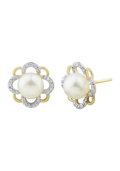 1/6 ct. t.w. Diamond and Pearl Earrings in 10K Yellow Gold