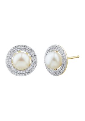 Belk & Co 1/4 ct. t.w. Diamond and Pearl Stud Earring in 10K Yellow Gold
