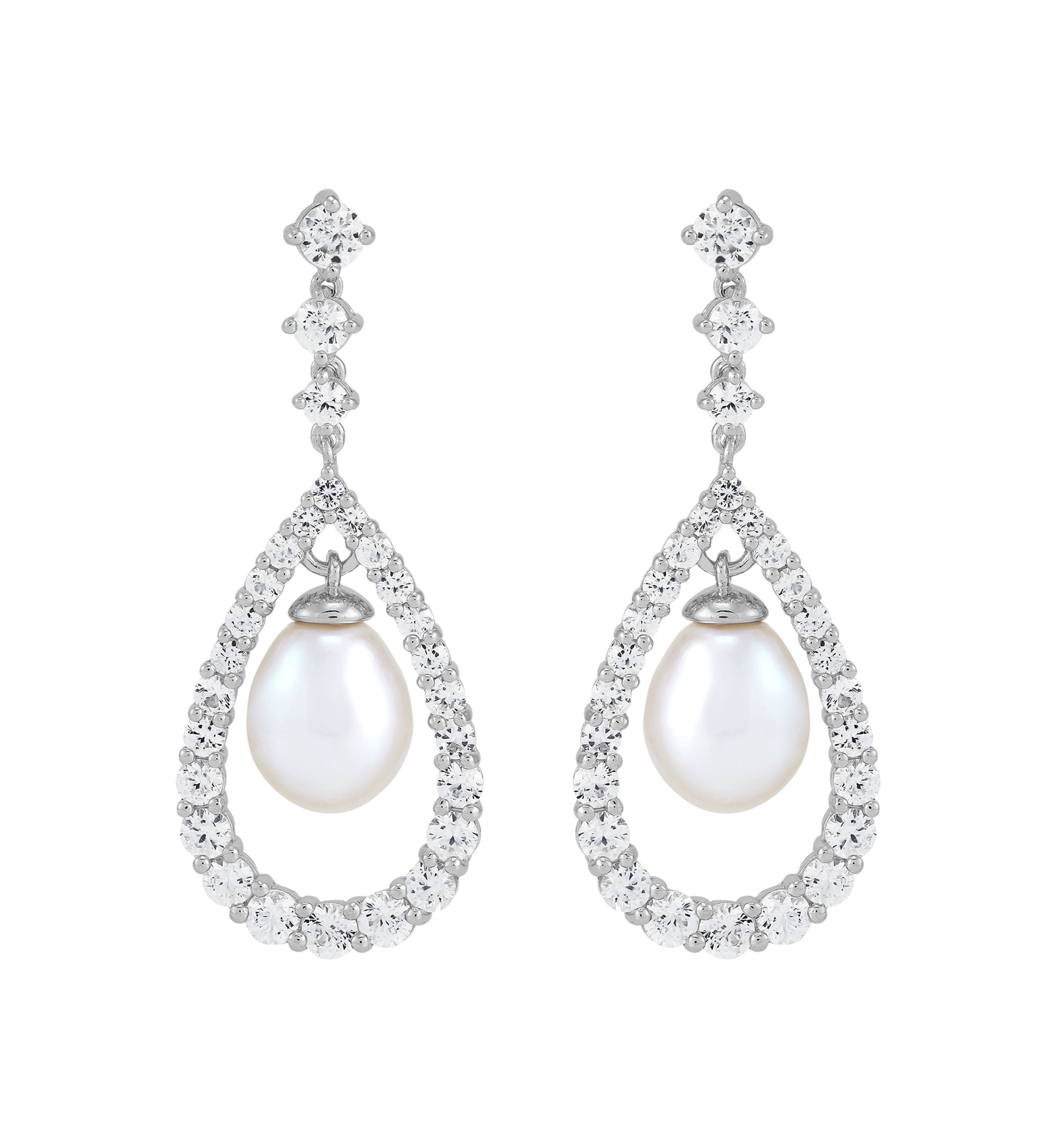 Pearl and Lab Created White Sapphire Pear Drop Earrings in Sterling Silver