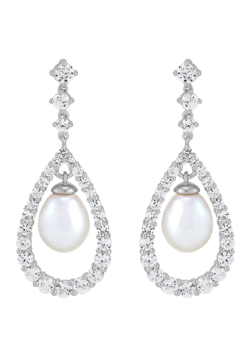 Pearl and Lab Created White Sapphire Pear Drop Earrings in Sterling Silver