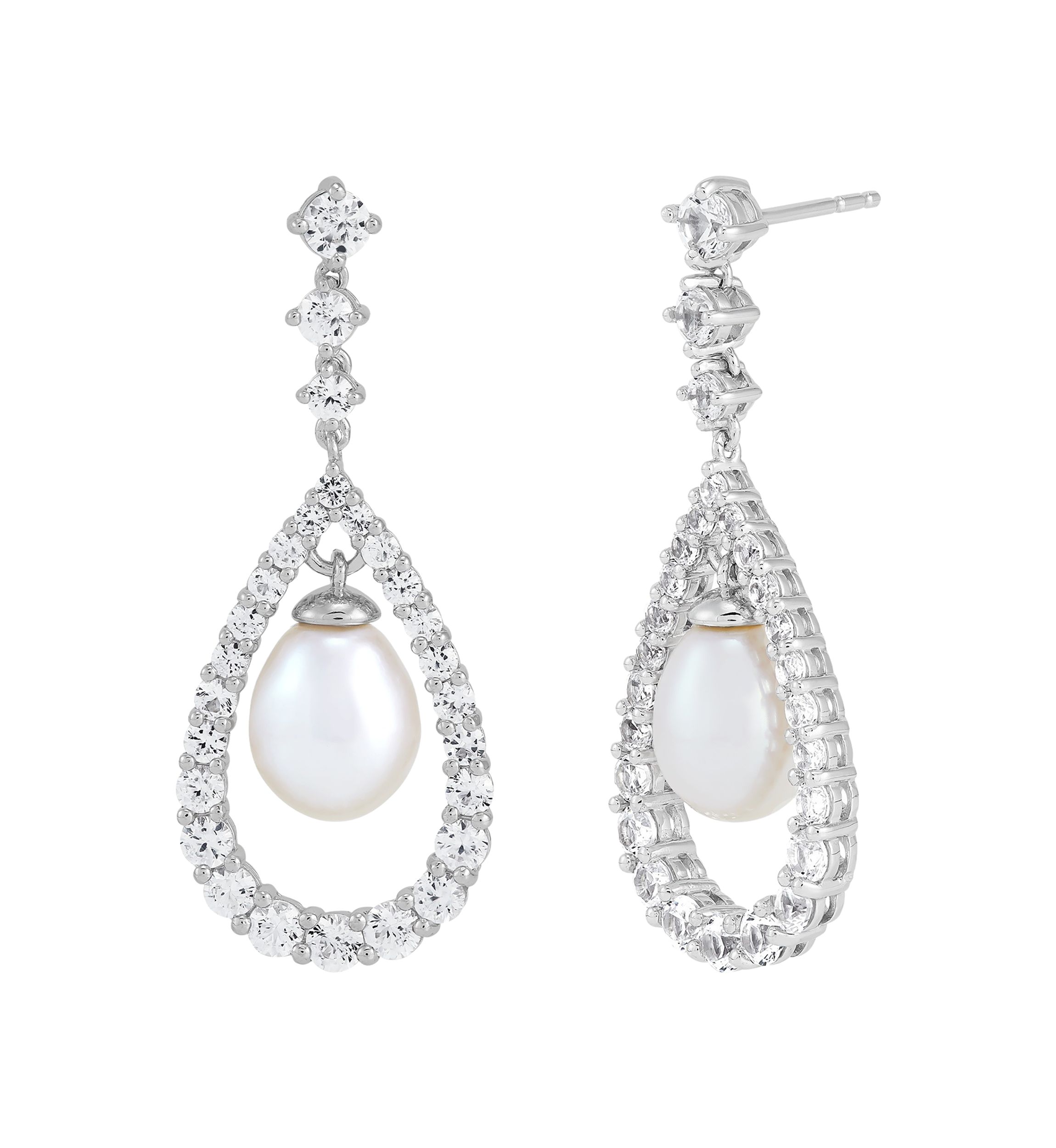 Pearl and Lab Created White Sapphire Pear Drop Earrings in Sterling Silver