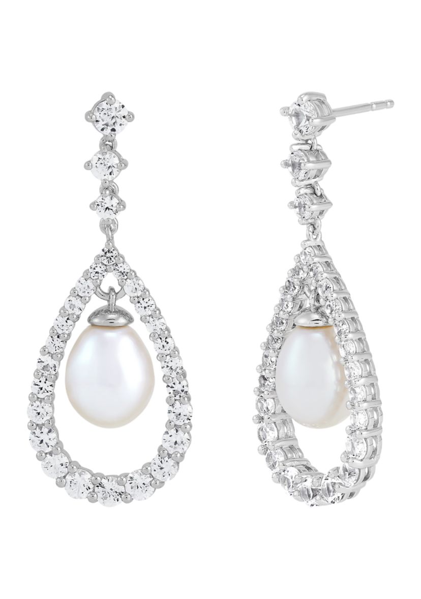 Pearl and Lab Created White Sapphire Pear Drop Earrings in Sterling Silver