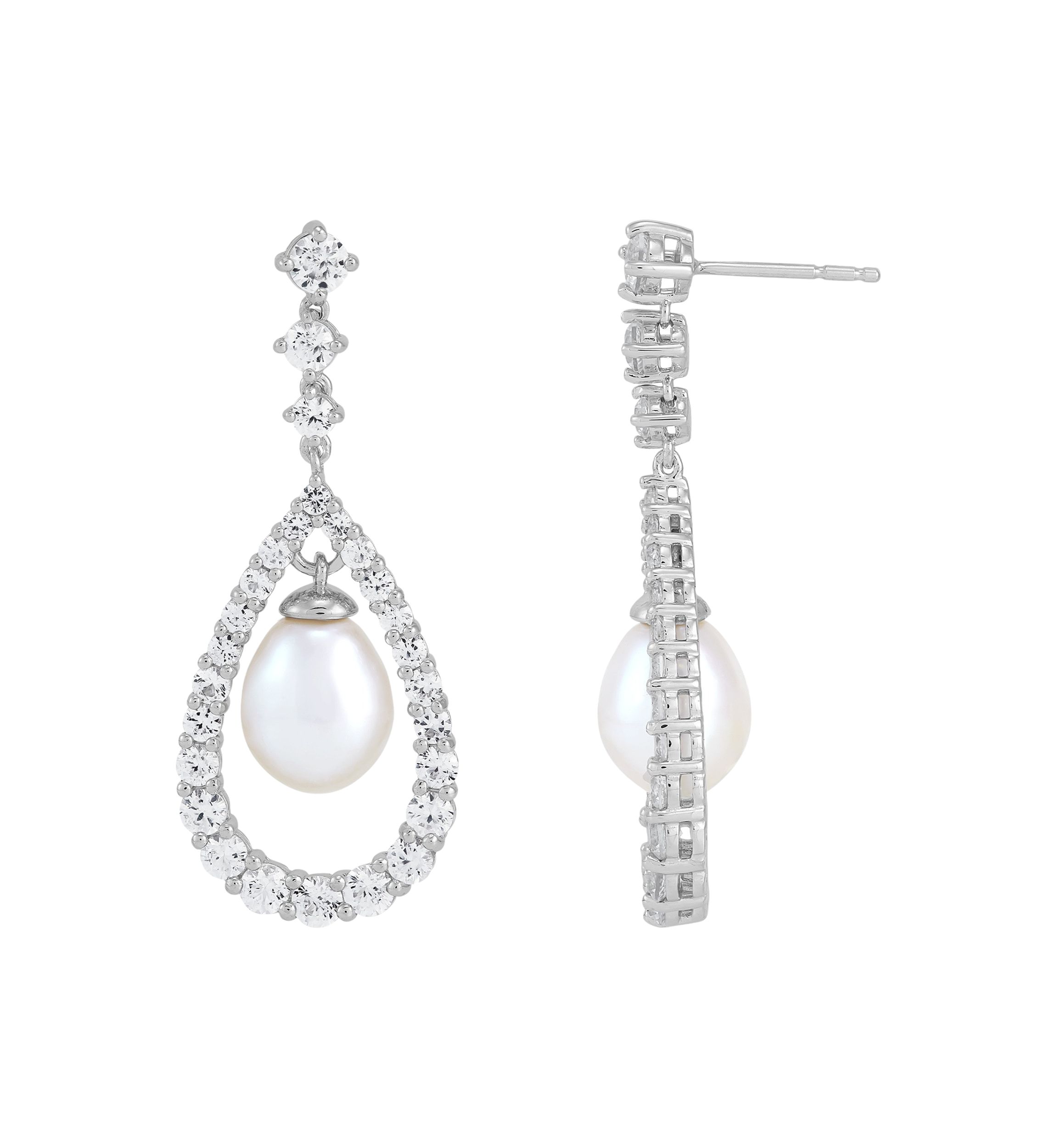 Pearl and Lab Created White Sapphire Pear Drop Earrings in Sterling Silver