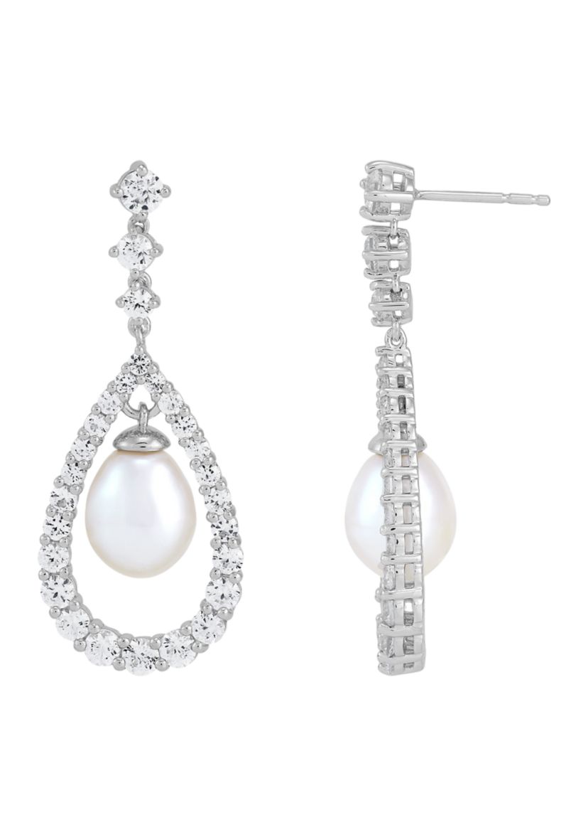 Pearl and Lab Created White Sapphire Pear Drop Earrings in Sterling Silver