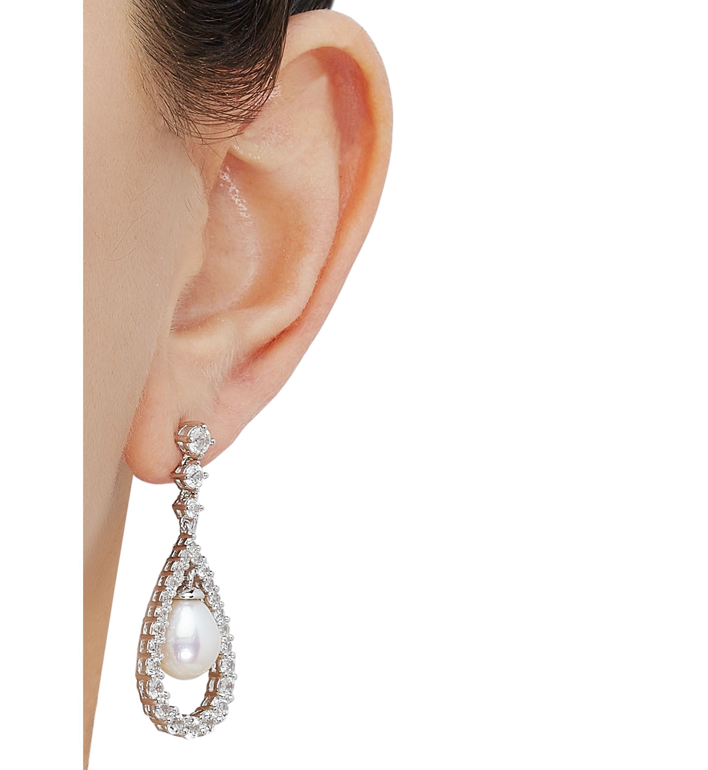 Pearl and Lab Created White Sapphire Pear Drop Earrings in Sterling Silver