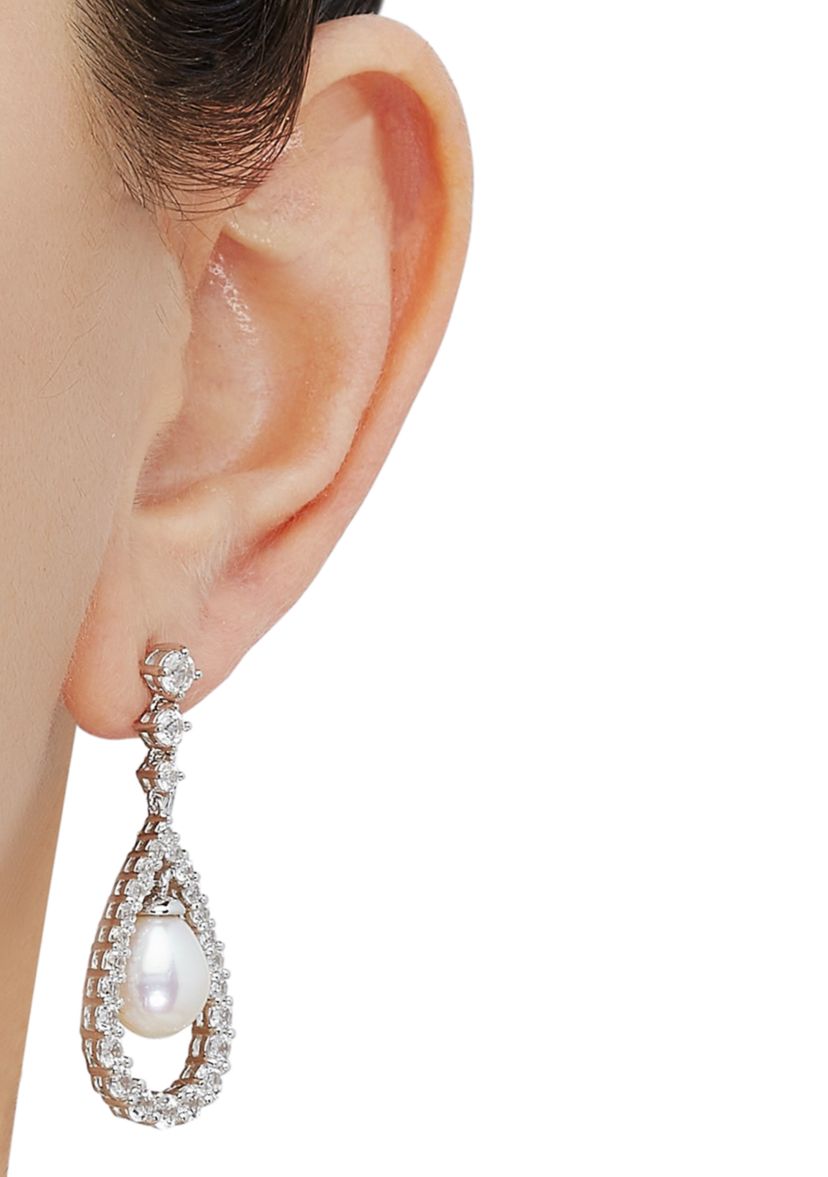 Pearl and Lab Created White Sapphire Pear Drop Earrings in Sterling Silver
