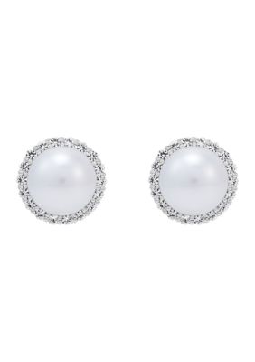 Belk & Co Lab Created 7-7.5 Millimeter Round Freshwater Pearl and Created White Sapphire Stud Earrings in Sterling Silver