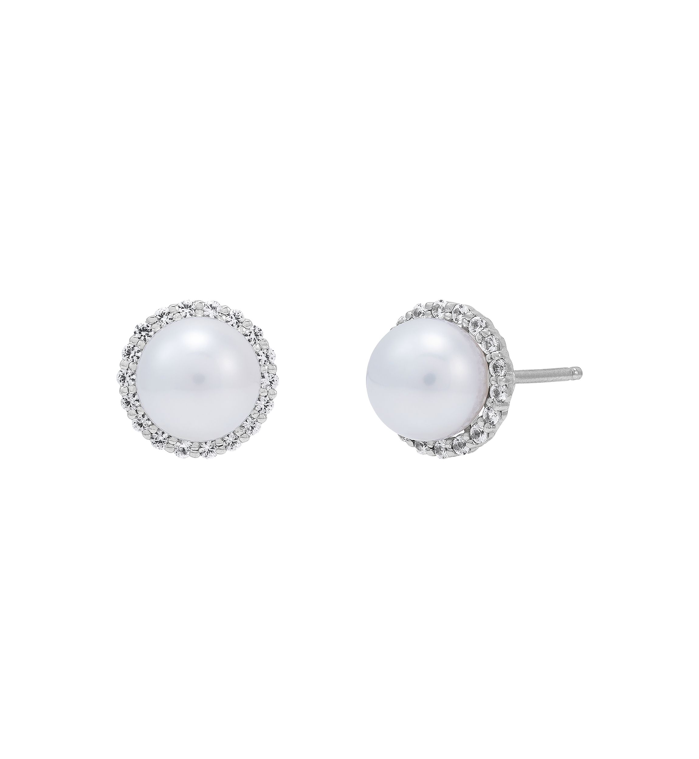 Lab Created 7-7.5 Millimeter Round Freshwater Pearl and Created White Sapphire  Stud Earrings in Sterling Silver
