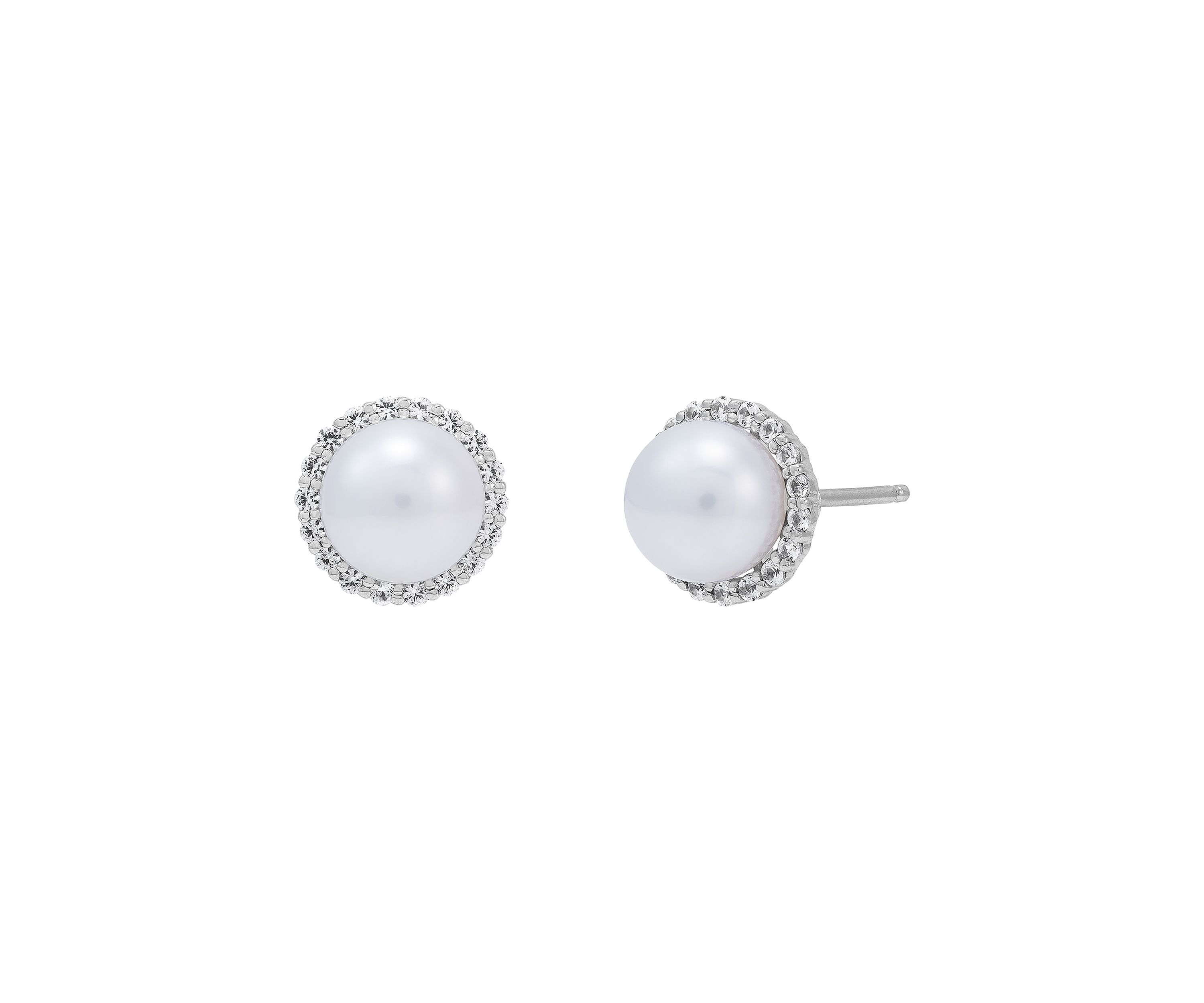 Lab Created 7-7.5 Millimeter Round Freshwater Pearl and Created White Sapphire  Stud Earrings in Sterling Silver