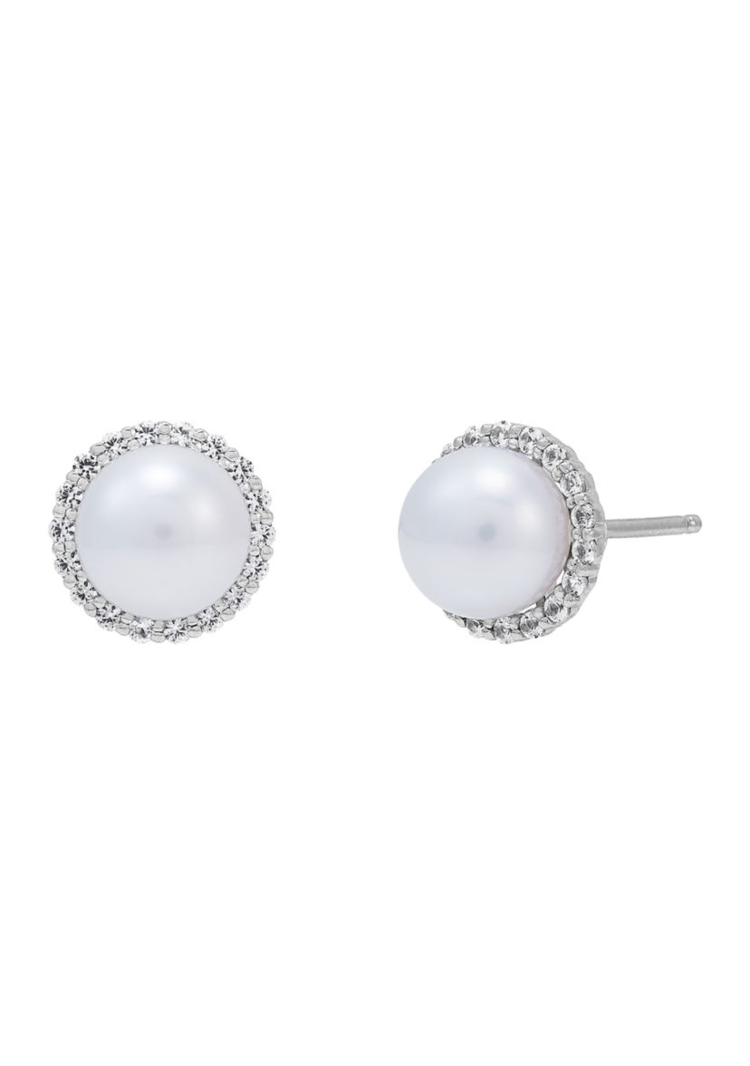 Lab Created 7-7.5 Millimeter Round Freshwater Pearl and Created White Sapphire  Stud Earrings in Sterling Silver