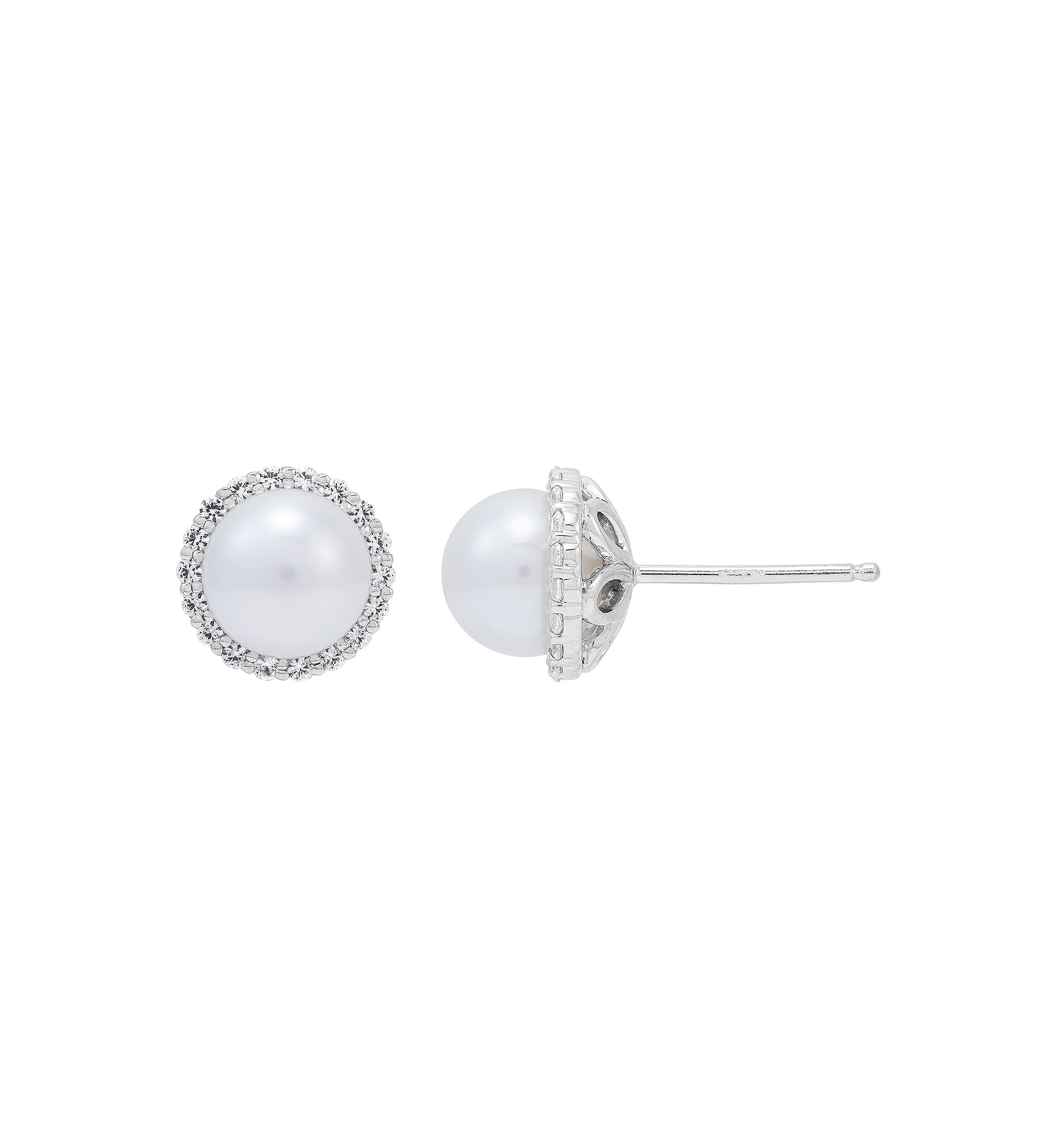 Lab Created 7-7.5 Millimeter Round Freshwater Pearl and Created White Sapphire  Stud Earrings in Sterling Silver